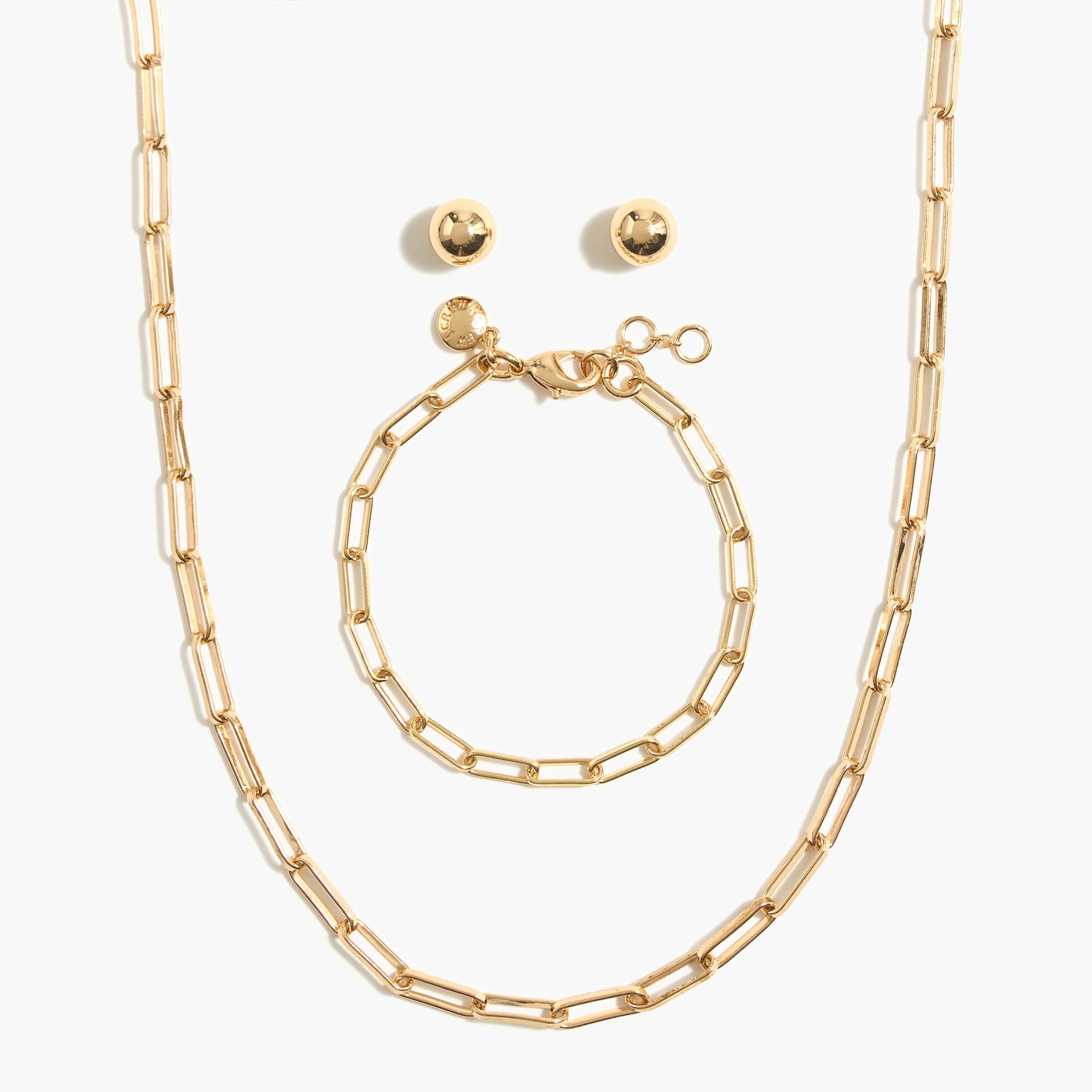 Paperclip link necklace, bracelet and gold studs gift box