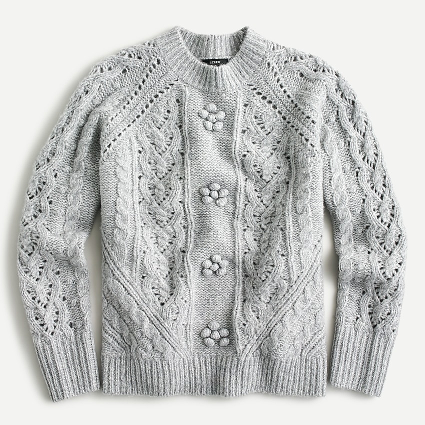 j.crew: cable-knit pointelle sweater with popcorn flowers for women, right side, view zoomed