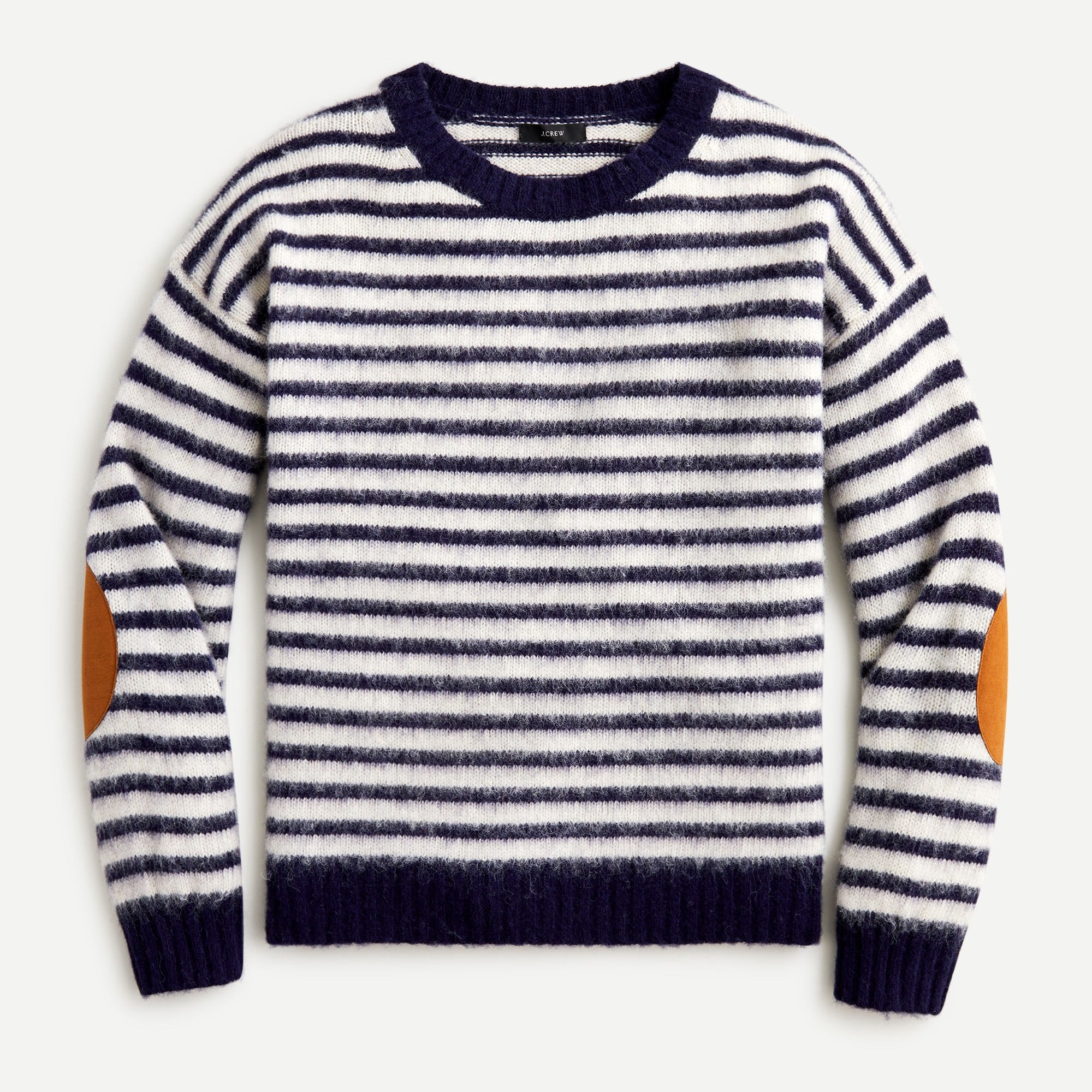 Elbow-patch crewneck sweater in striped lambswool