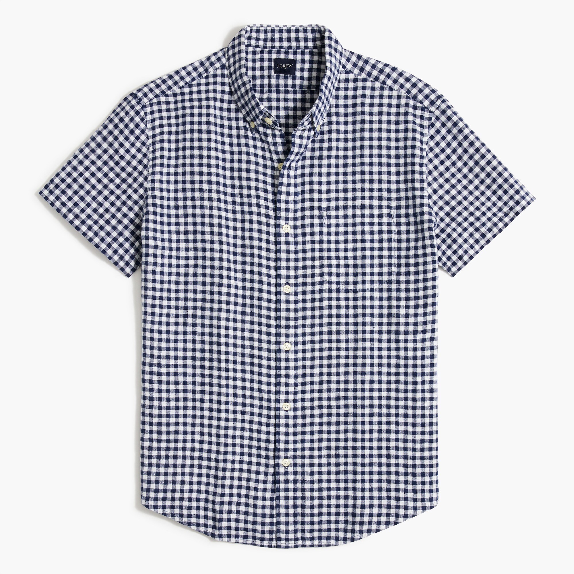 Gingham short-sleeve slim linen-cotton shirt
