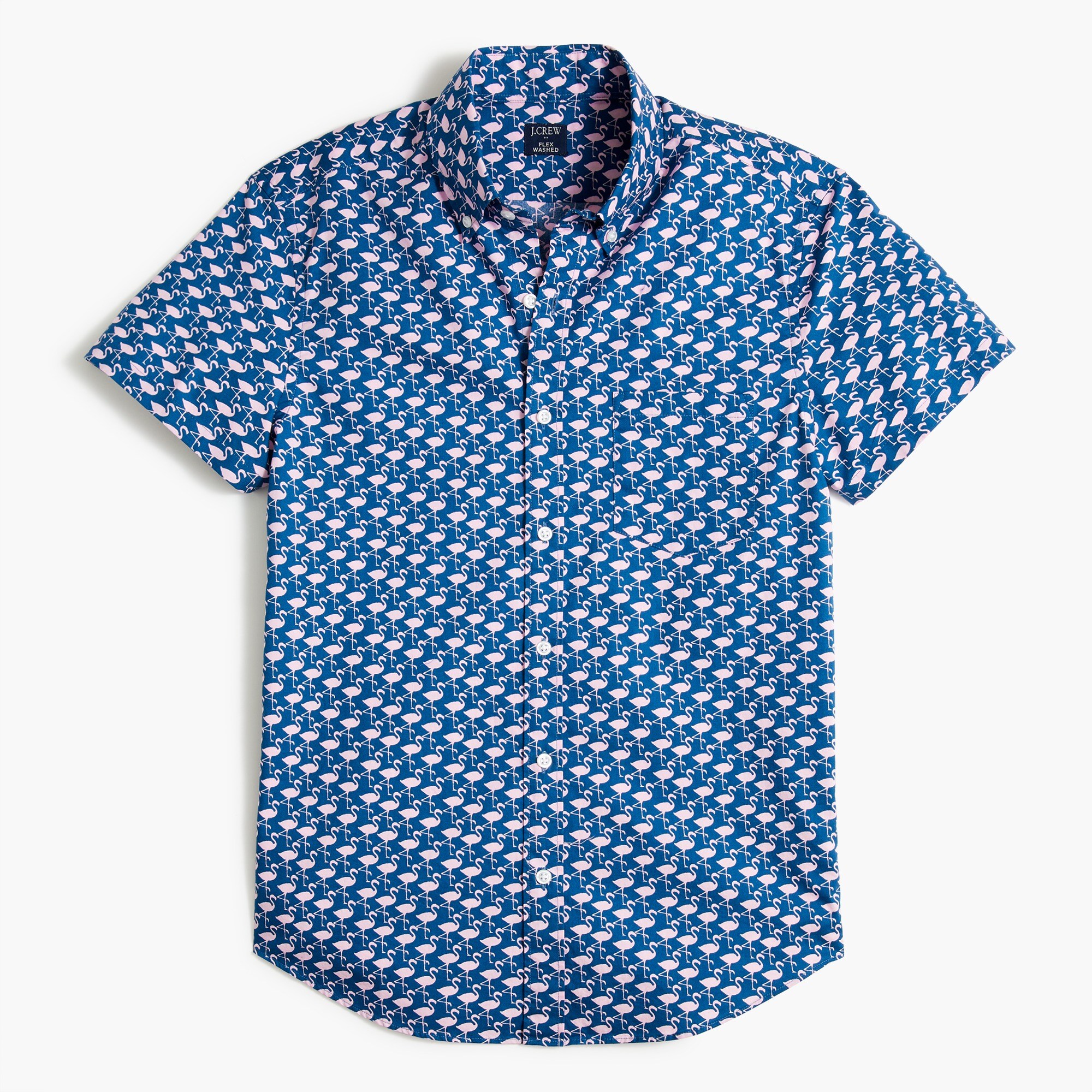 Short-sleeve flamingo-print slim casual shirt