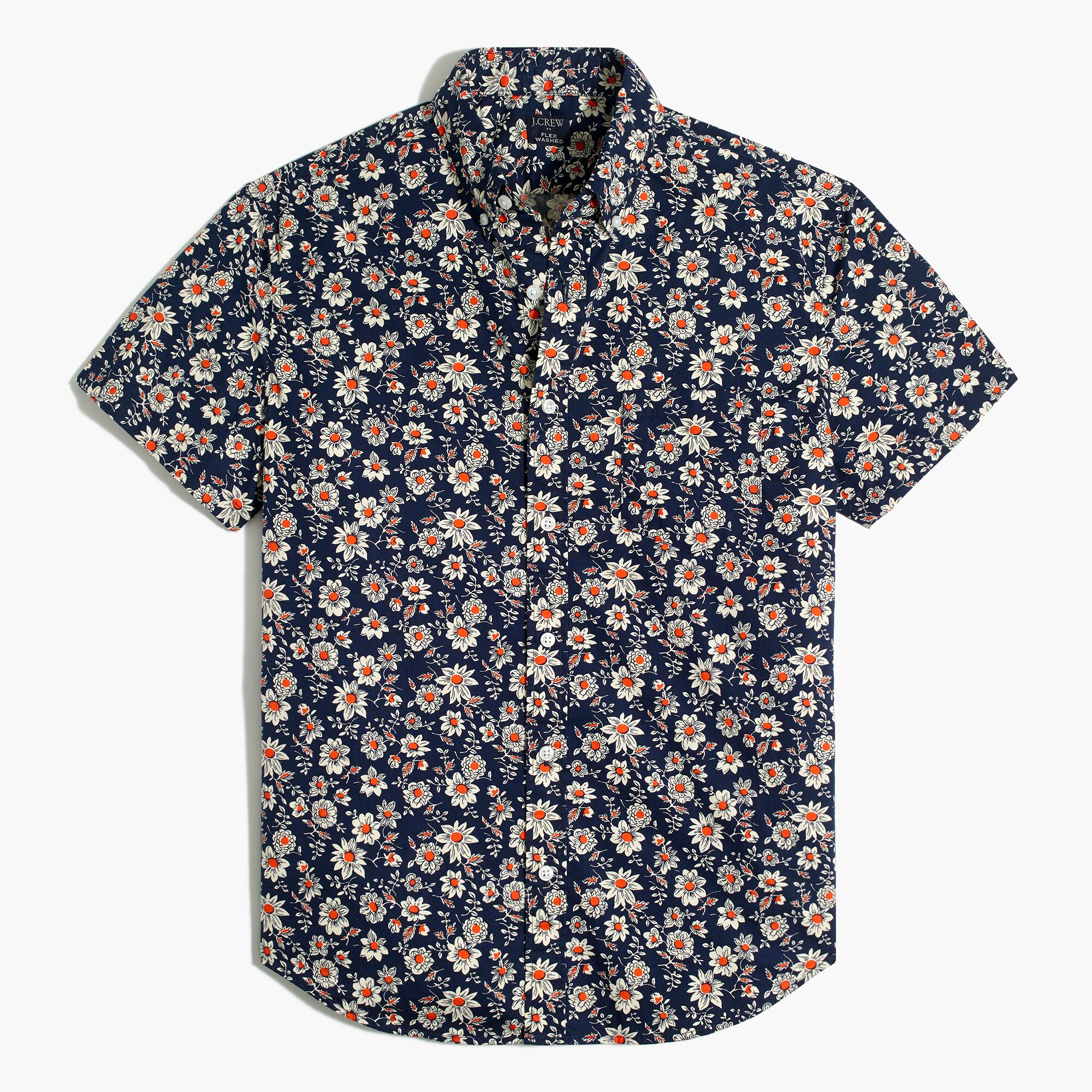 Short-sleeve floral-print slim casual shirt