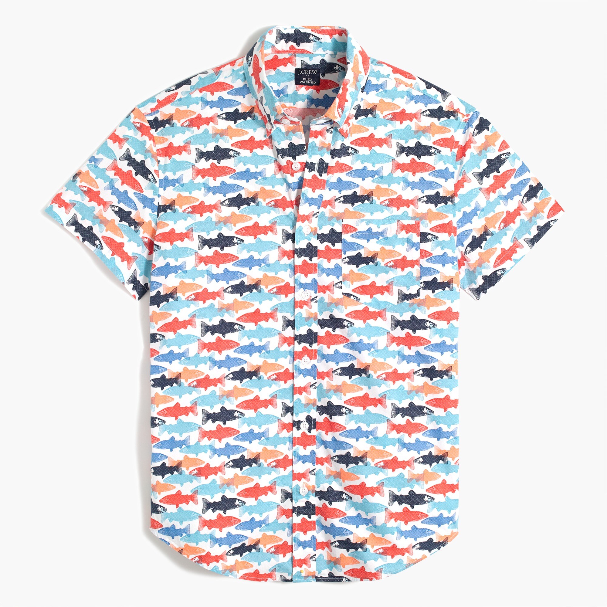 short-sleeve trout-print slim casual shirt for men