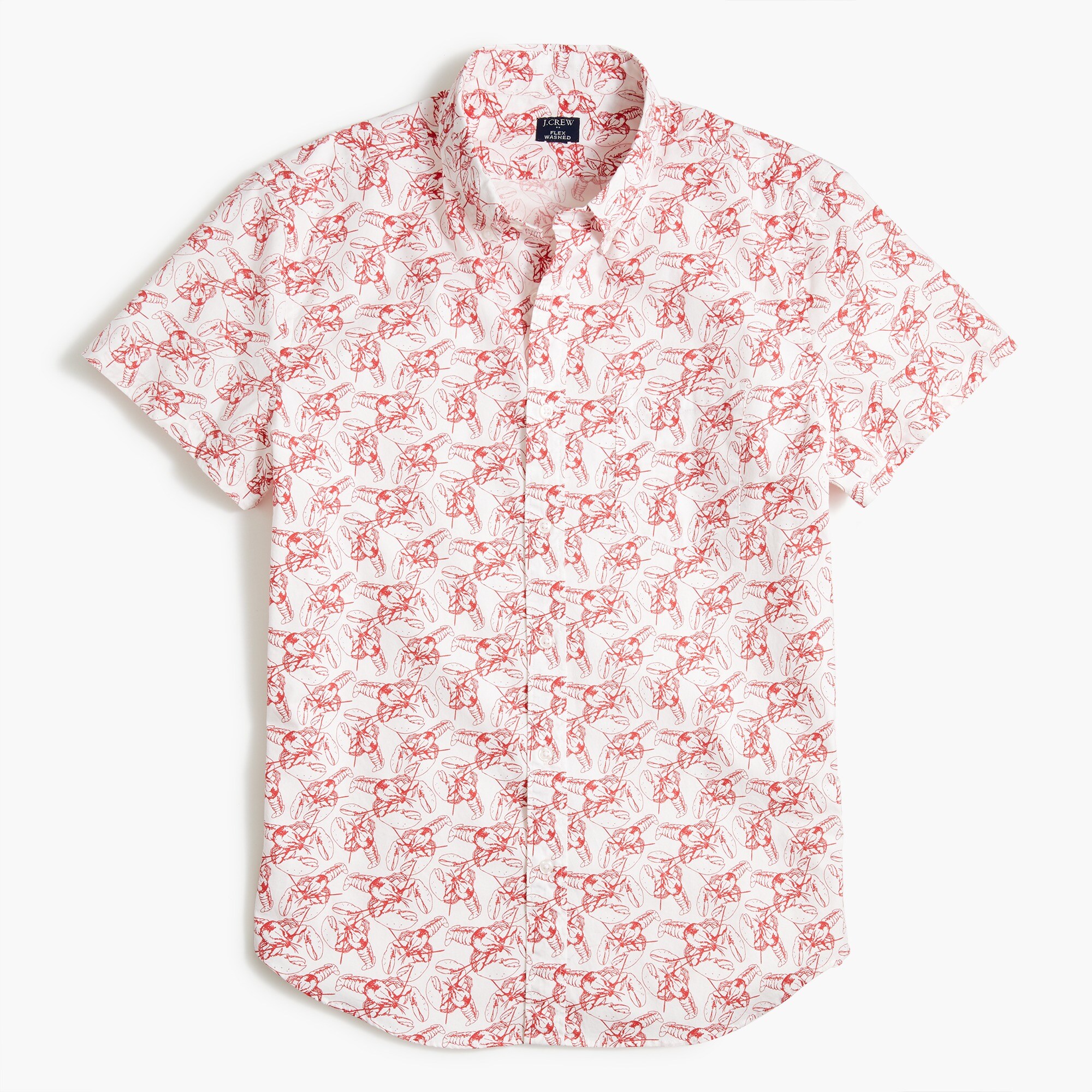 short-sleeve crab-and-lobster print slim casual shirt for men