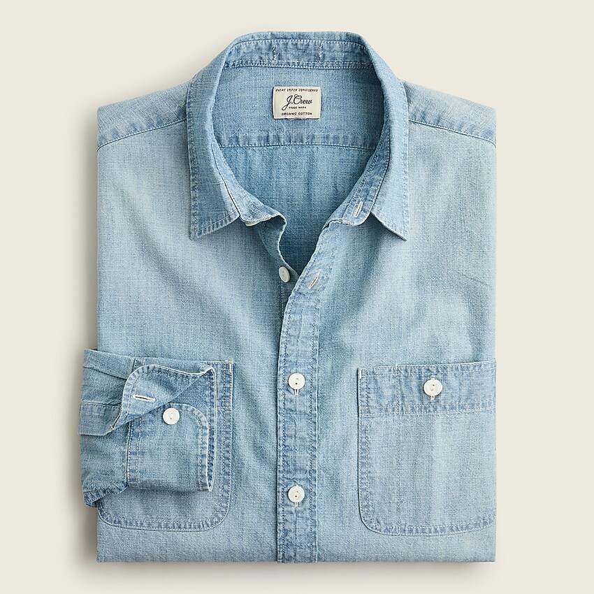 j.crew: indigo chambray workshirt for men, right side, view zoomed