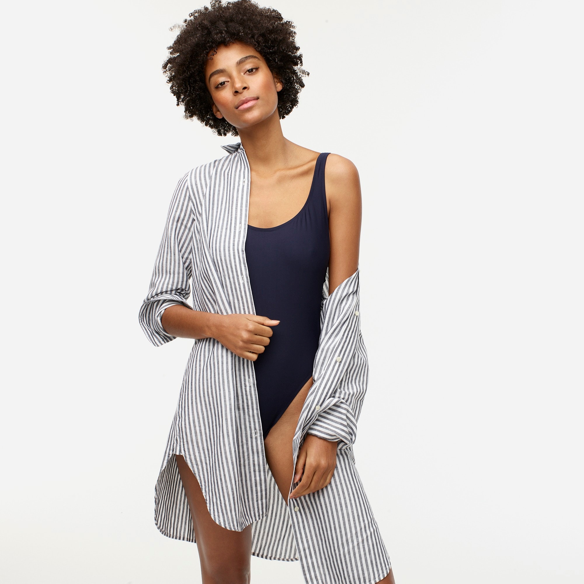 womens Classic-fit beach shirt in striped linen-cotton blend