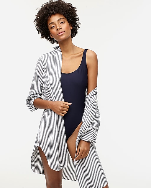womens Classic-fit beach shirt in striped linen-cotton blend