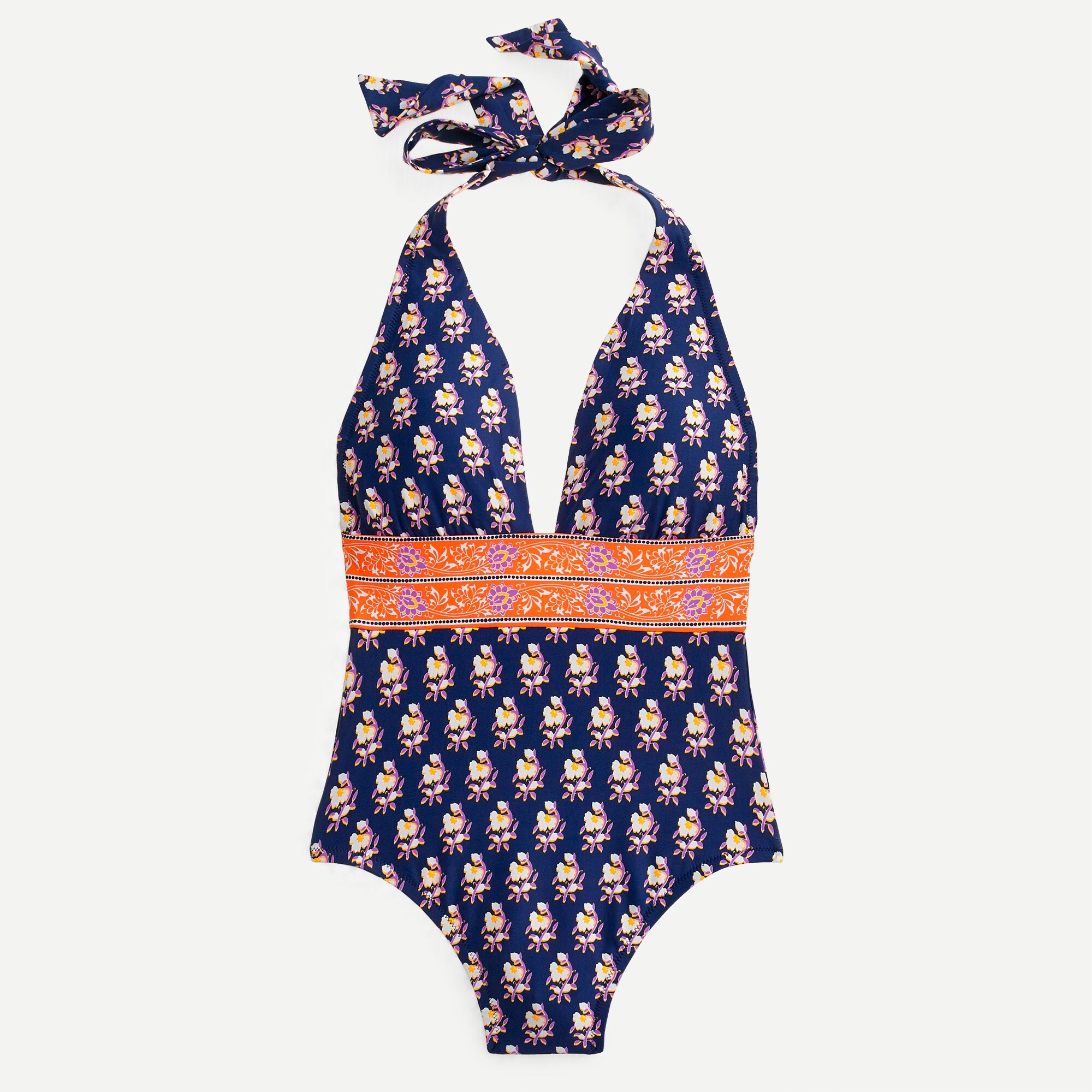 Halter V-neck one-piece in navy block print