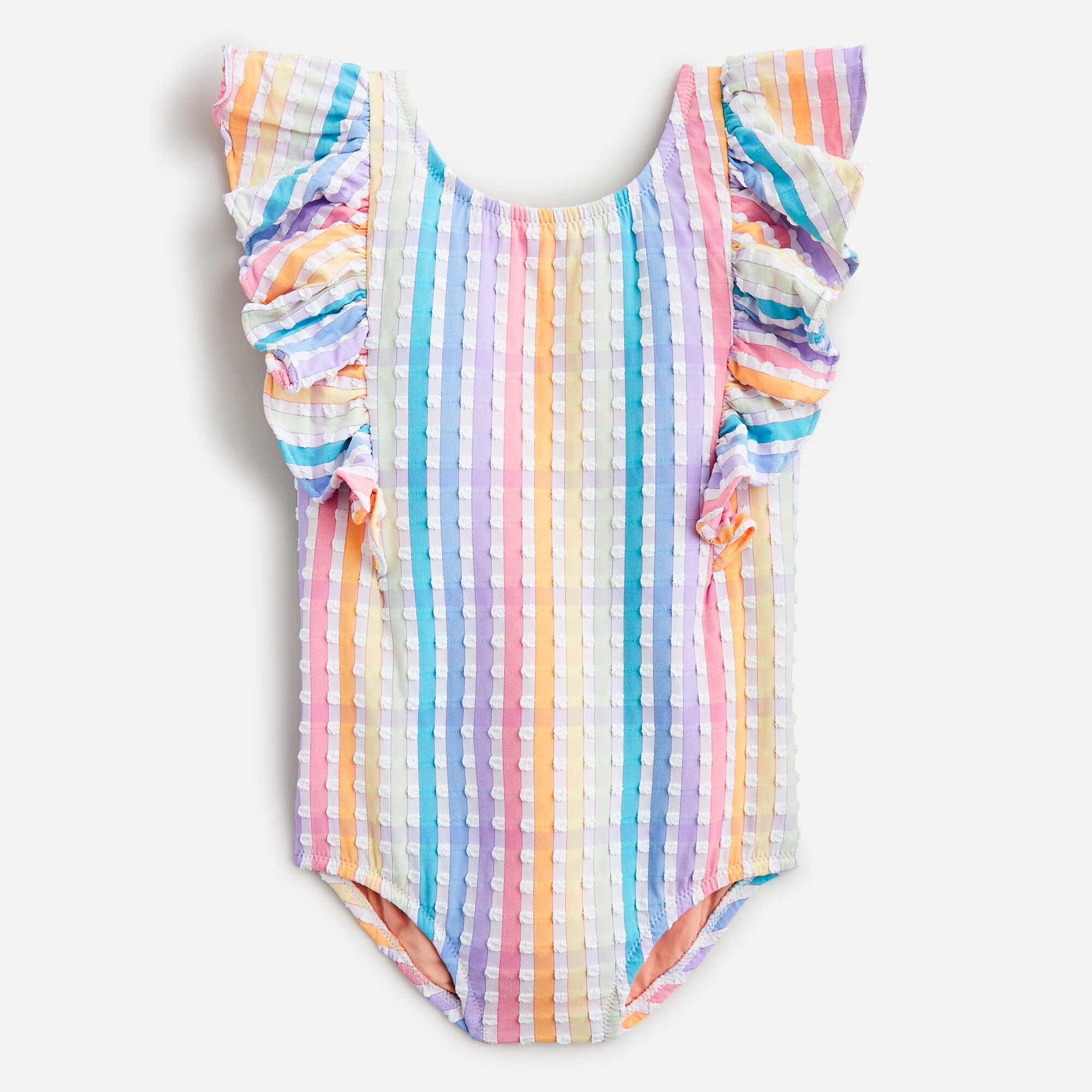 Girls' ruffle-shoulder swimsuit in rainbow gingham