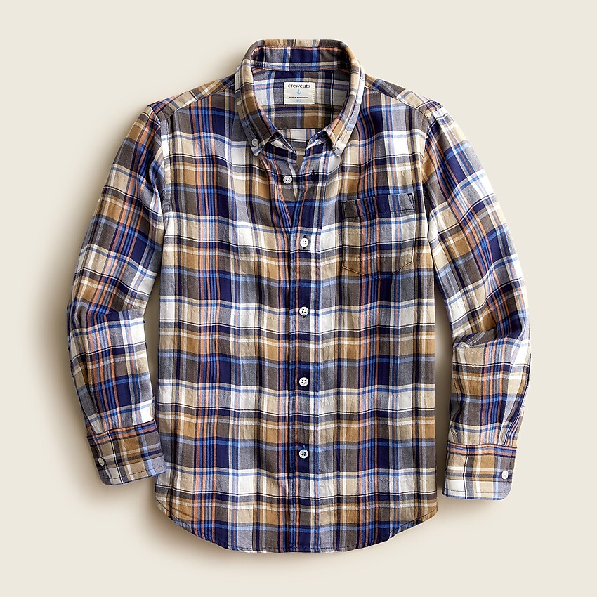 j.crew: boys' crinkle cotton shirt in oversized plaid for boys, right side, view zoomed