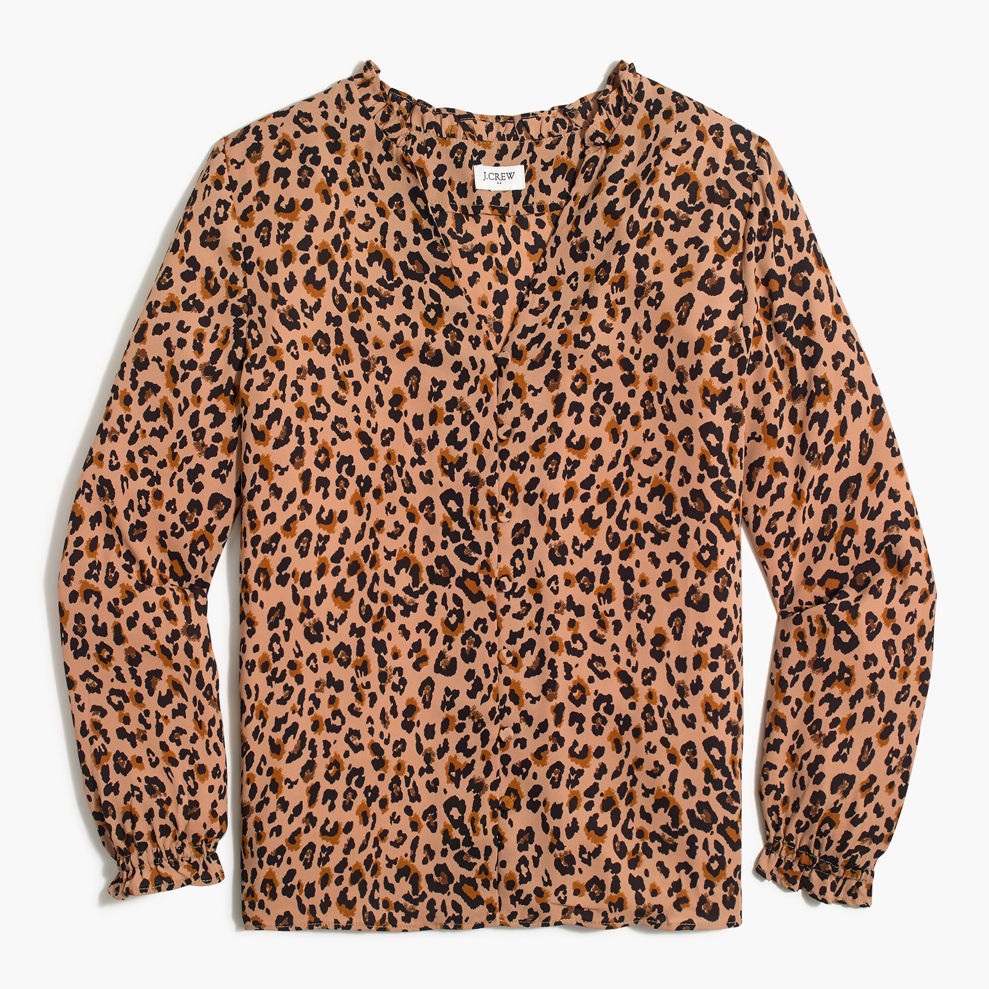 printed ruffleneck button-up top for women