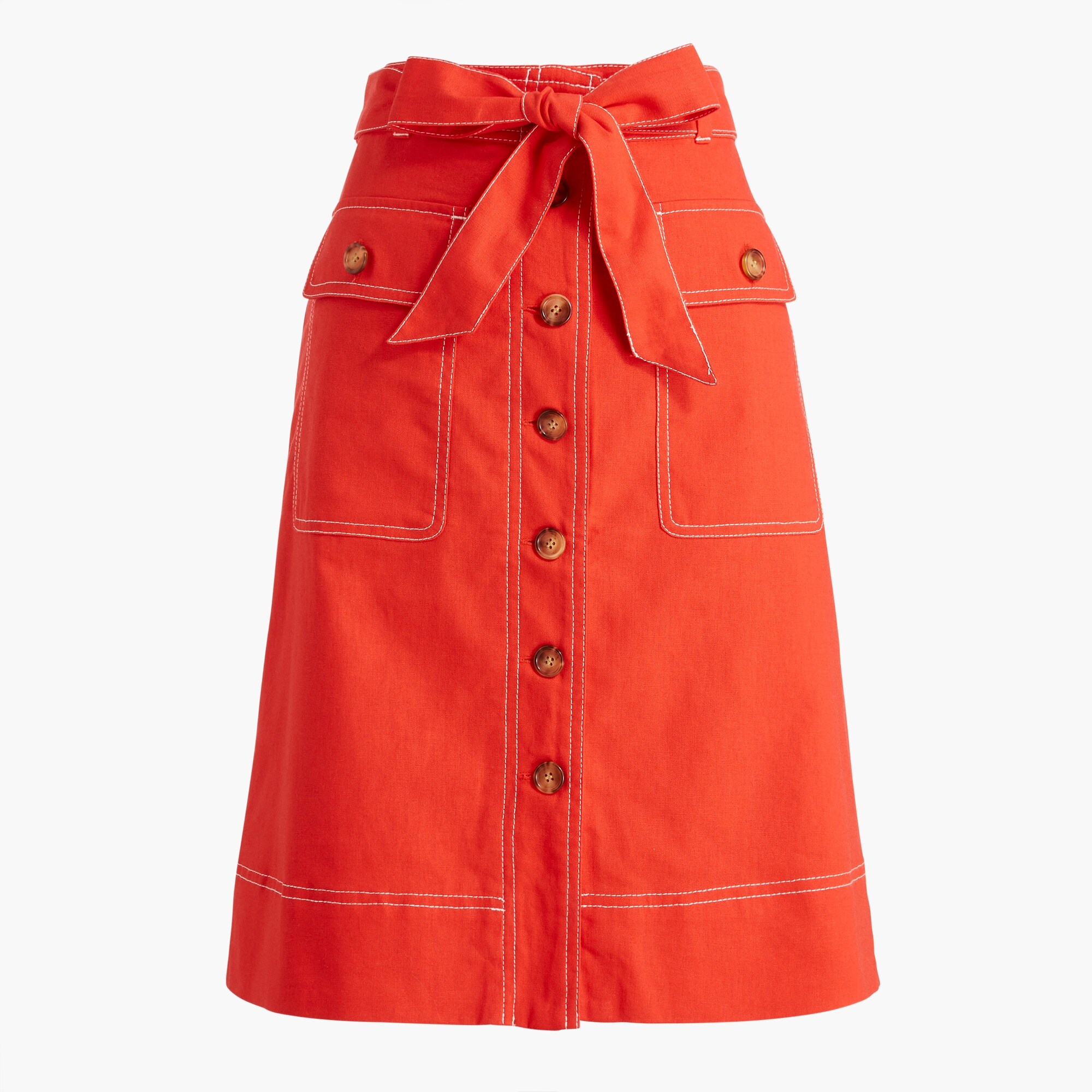 Linen-blend button-through belted midi skirt