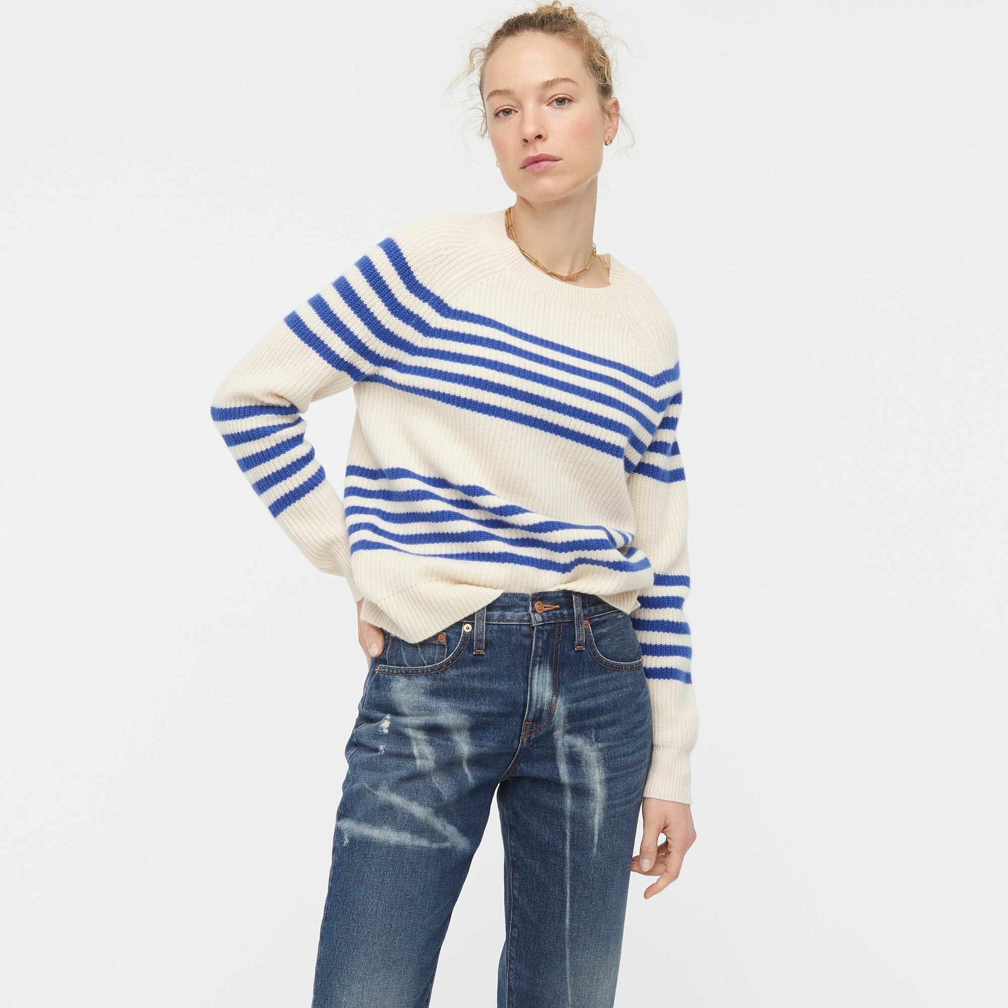 Ribbed cashmere crewneck sweater in stripe