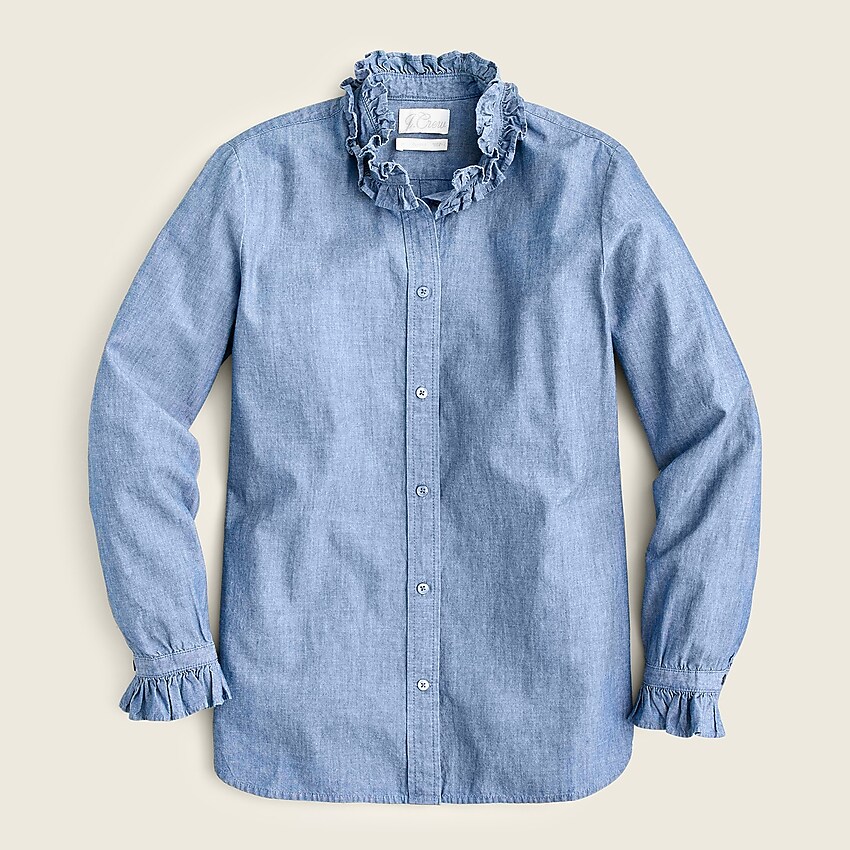 j.crew: classic-fit ruffleneck chambray shirt for women, right side, view zoomed