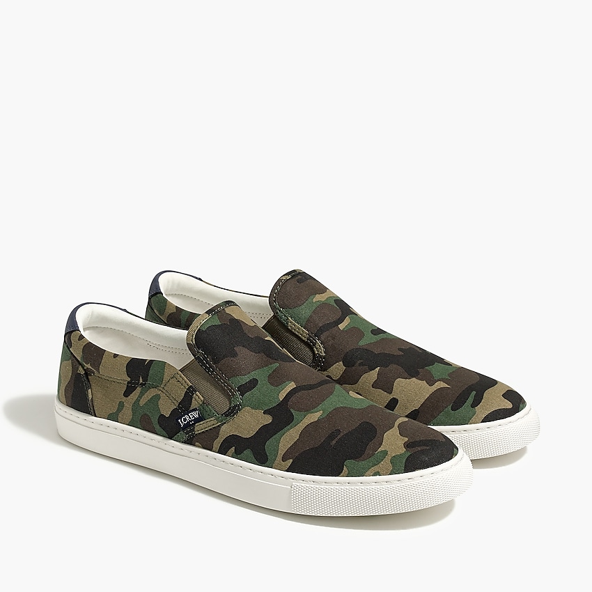 factory: explorer camo canvas slip-on sneakers for men, right side, view zoomed