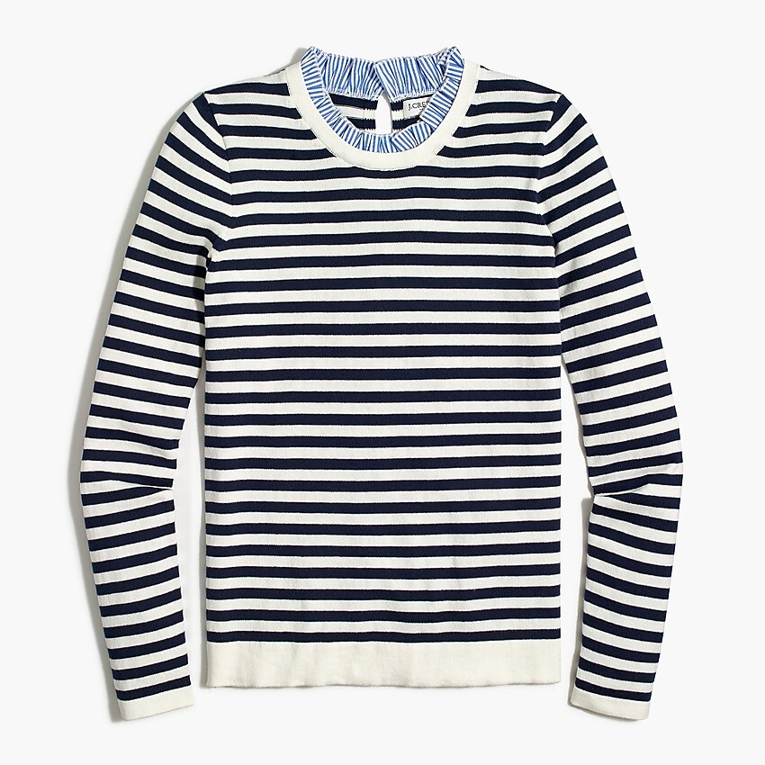 factory: striped ruffle-trim sweater for women, right side, view zoomed