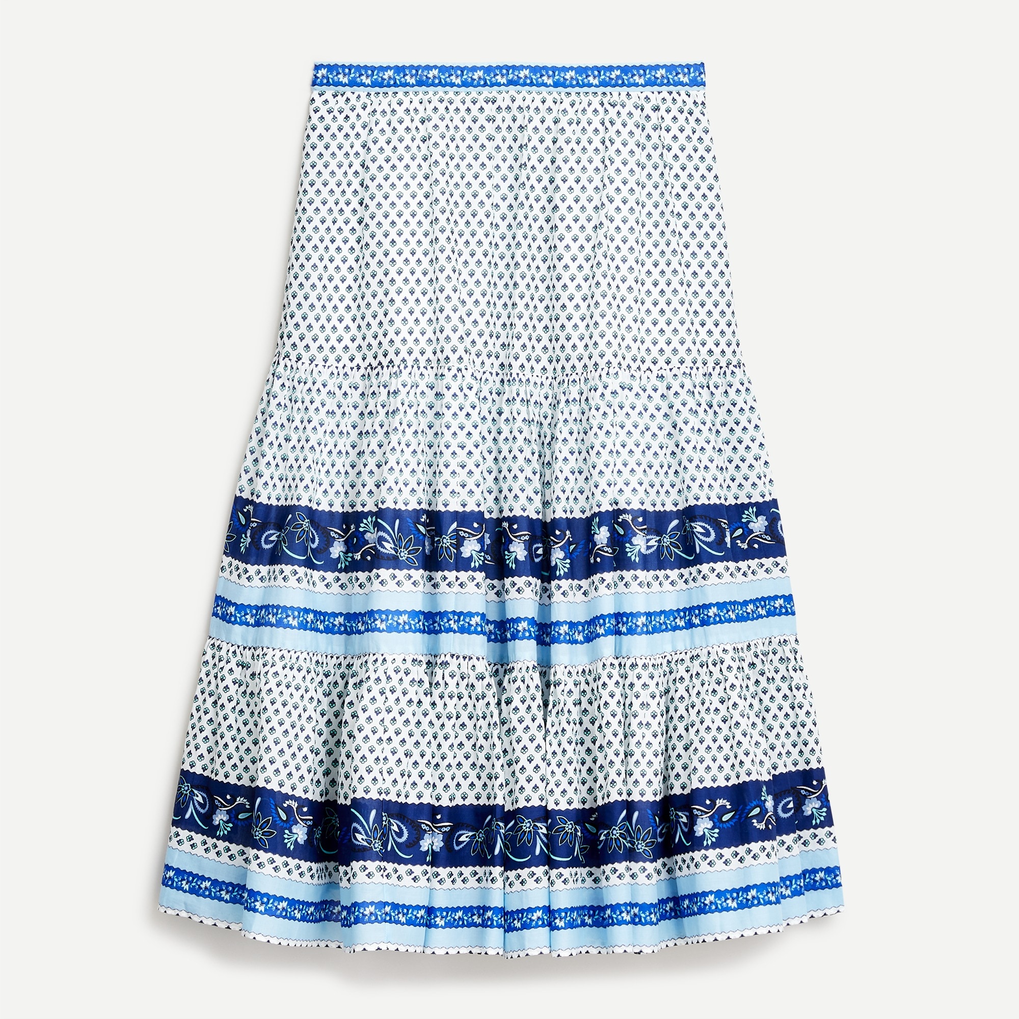 j.crew: tiered skirt in blue ribbon block print for women.