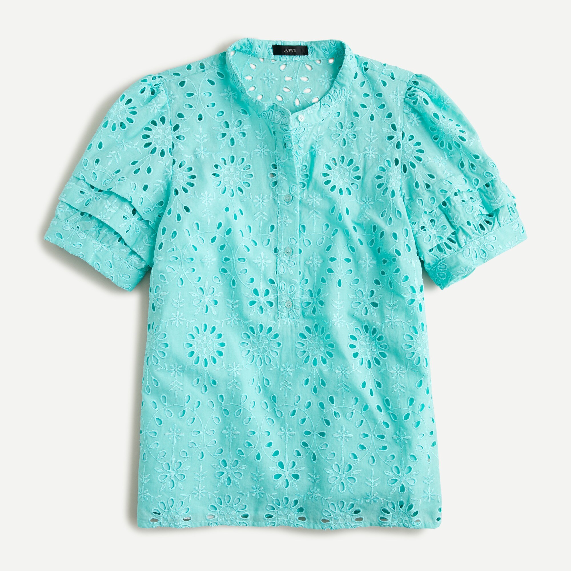 Puff-sleeve popover top in eyelet