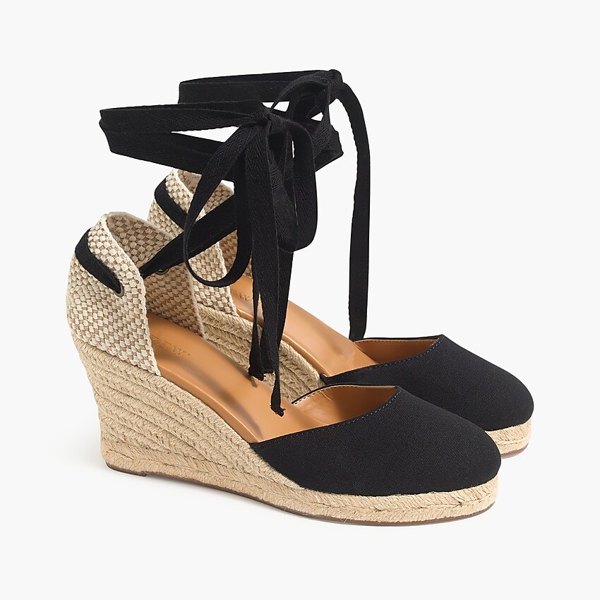 factory: canvas ankle-wrap espadrille wedges for women, right side, view zoomed