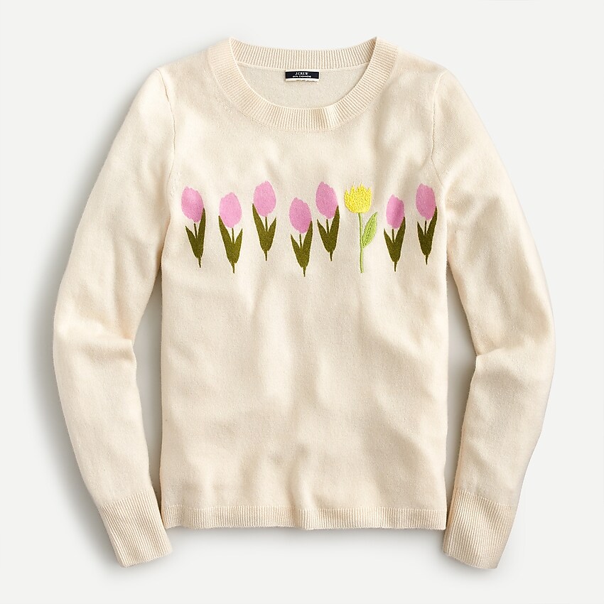 j.crew: cashmere crewneck sweater with tulips for women, right side, view zoomed