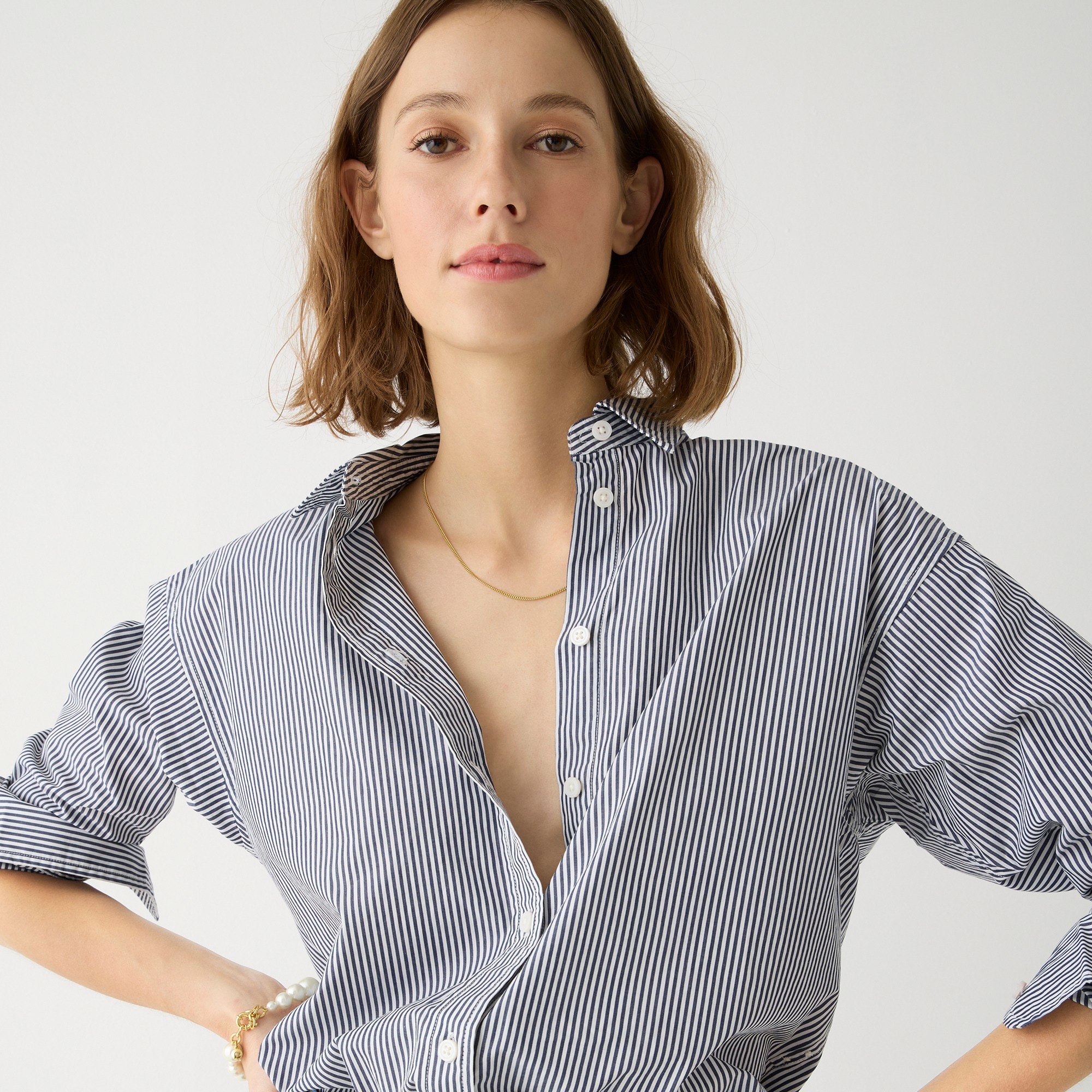 j.crew: relaxed-fit crisp cotton poplin shirt in navy stripe for women