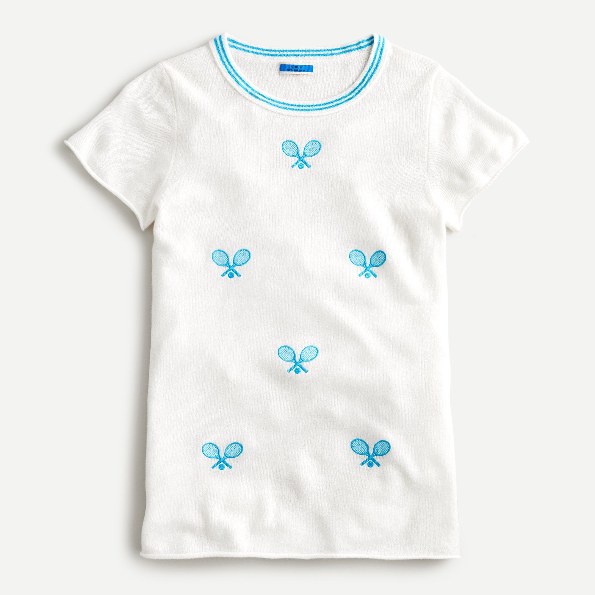 Short-sleeve cashmere T-shirt with tennis embroidery