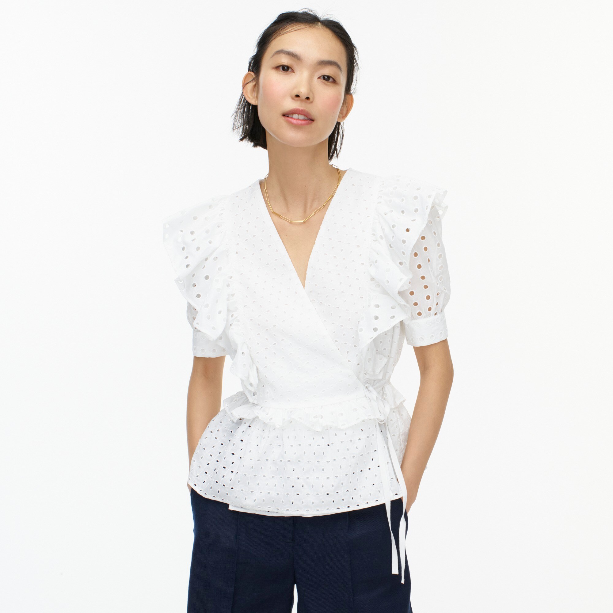 j crew ruffle neck eyelet top