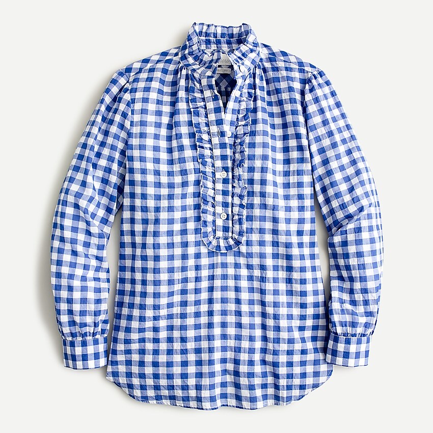 j.crew: classic-fit ruffle popover in crinkle gingham for women, right side, view zoomed