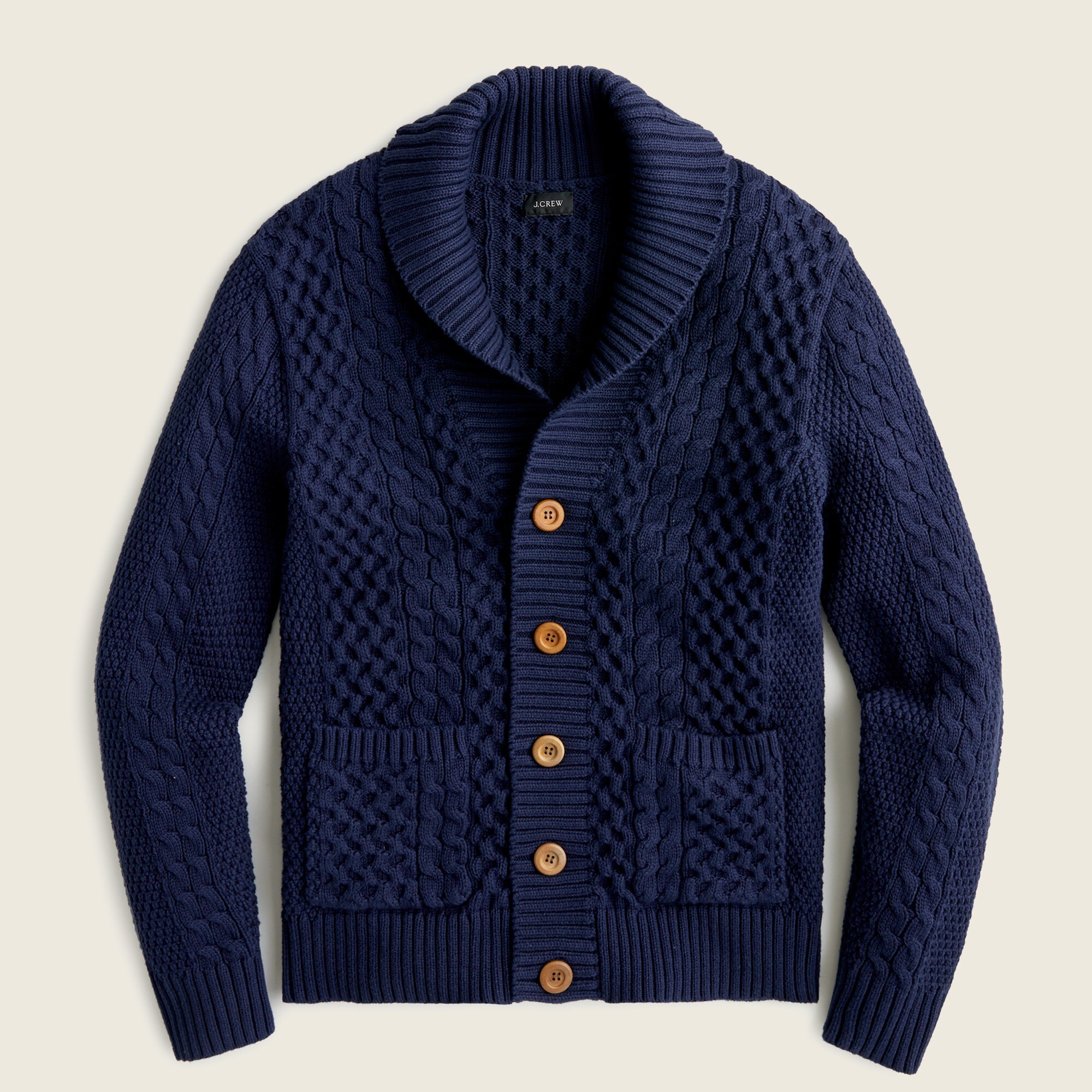 Cotton cable-knit shawl-collar cardigan