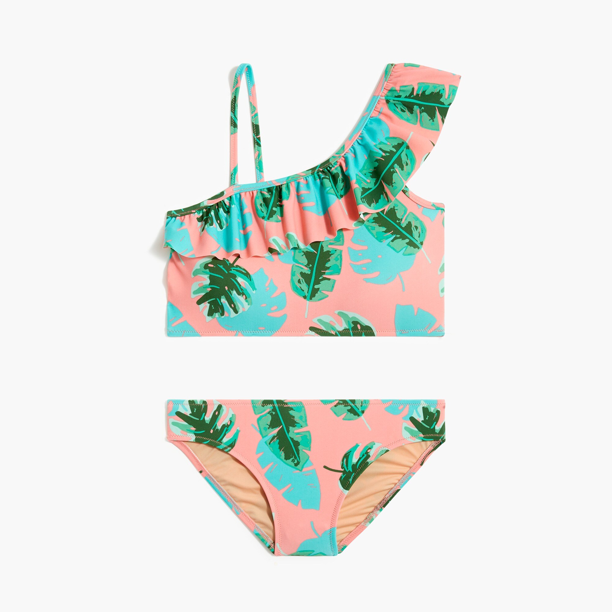 Girls' palm-print one-shoulder ruffle bikini