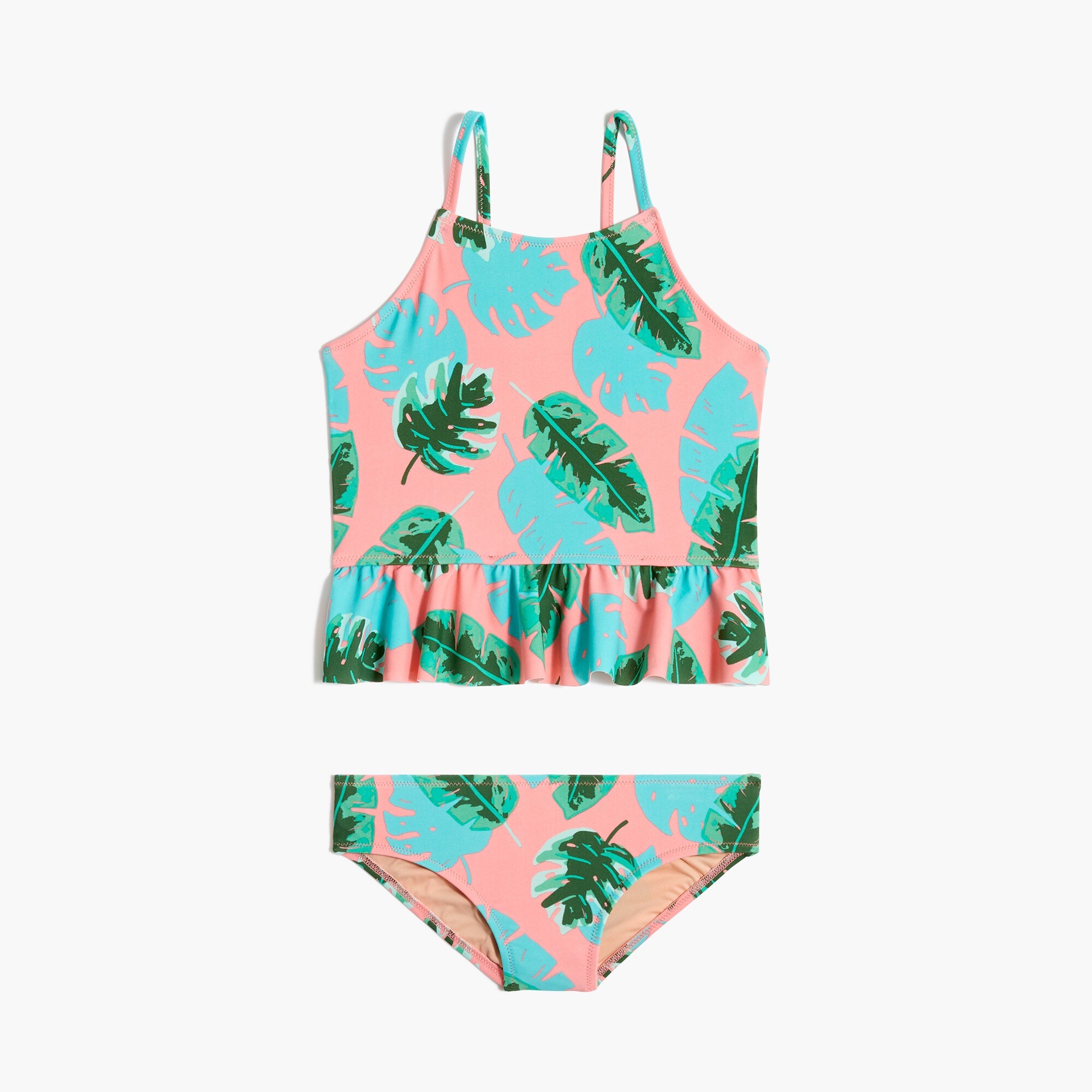 Girls' palm-print ruffle tankini set