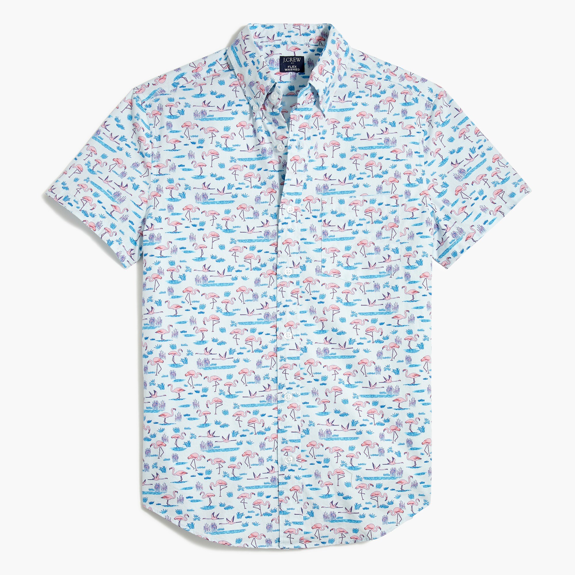 short-sleeve slim flamingo-print flex casual shirt for men
