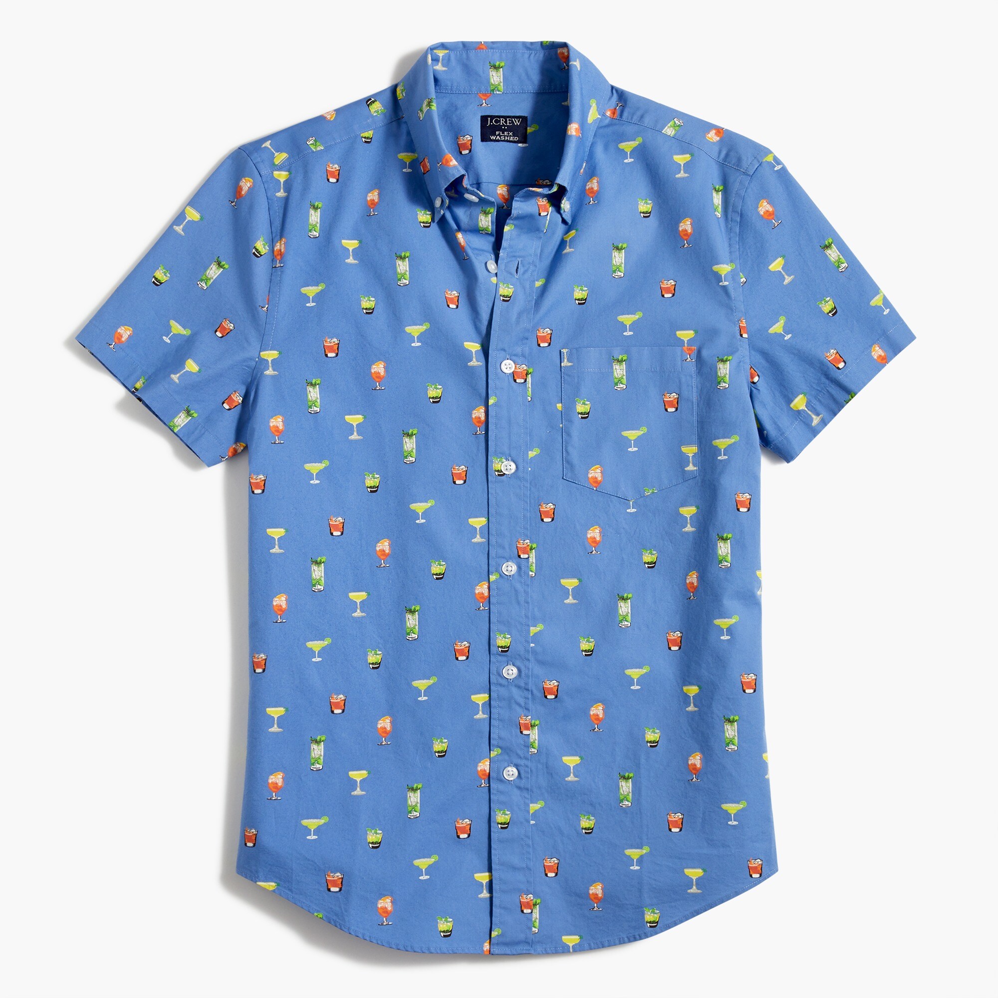 Short-sleeve slim drink-print flex casual shirt
