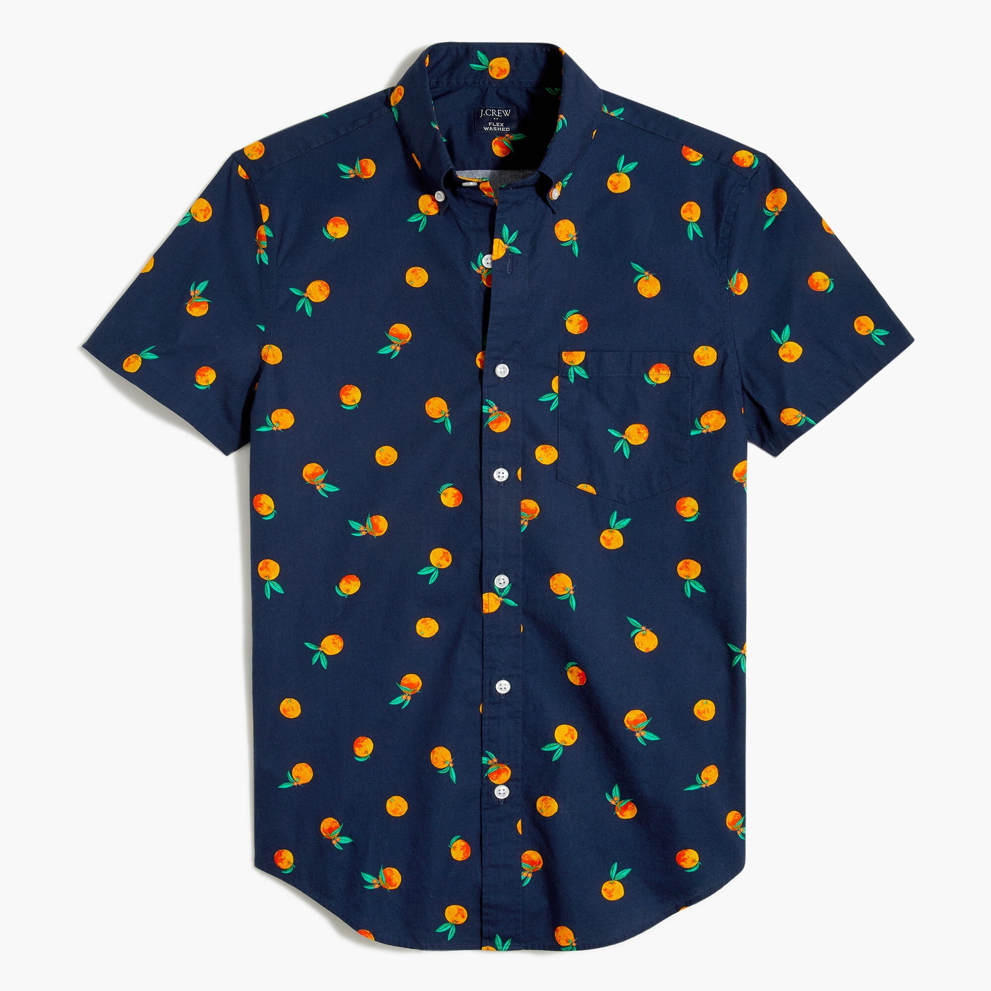 Short-sleeve slim orange-print flex casual shirt
