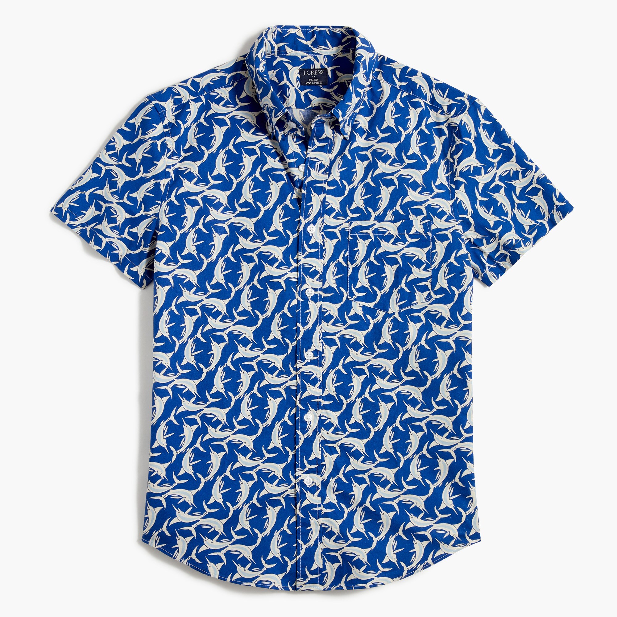 Short-sleeve slim swordfish-print flex casual shirt