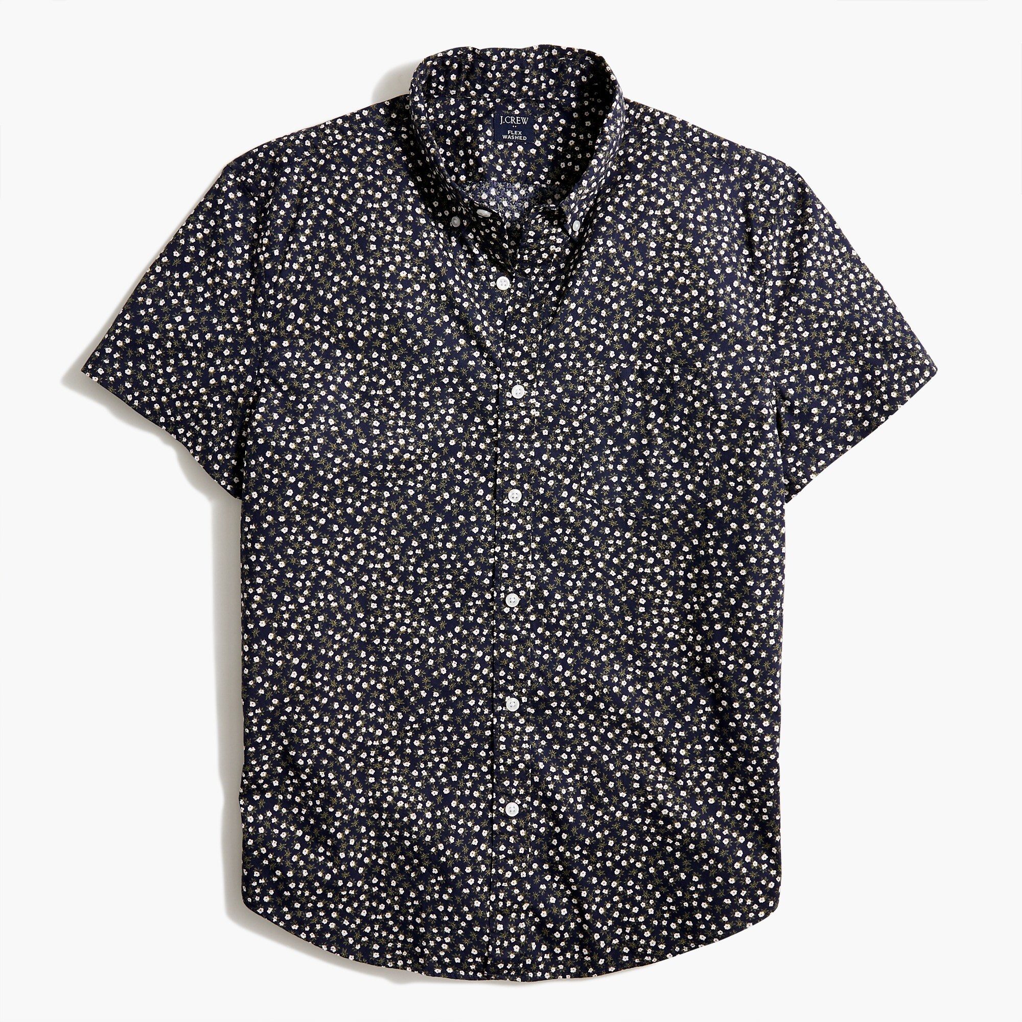 Short-sleeve slim hibiscus-print flex casual shirt