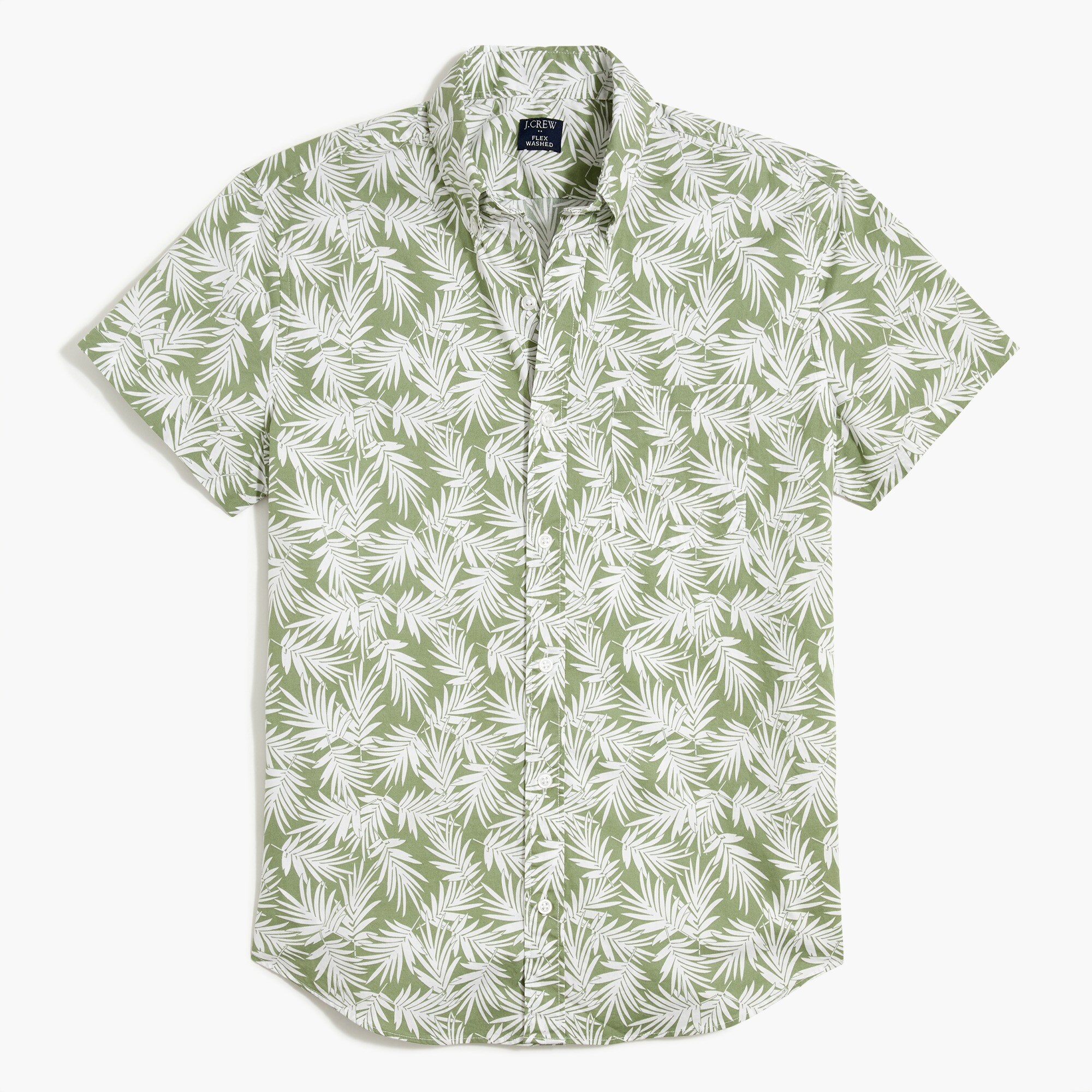 Short-sleeve slim palm-leaf print flex casual shirt