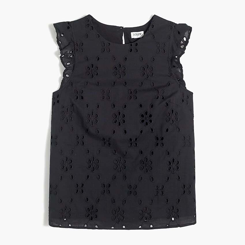 factory: sleeveless eyelet ruffle top for women, right side, view zoomed
