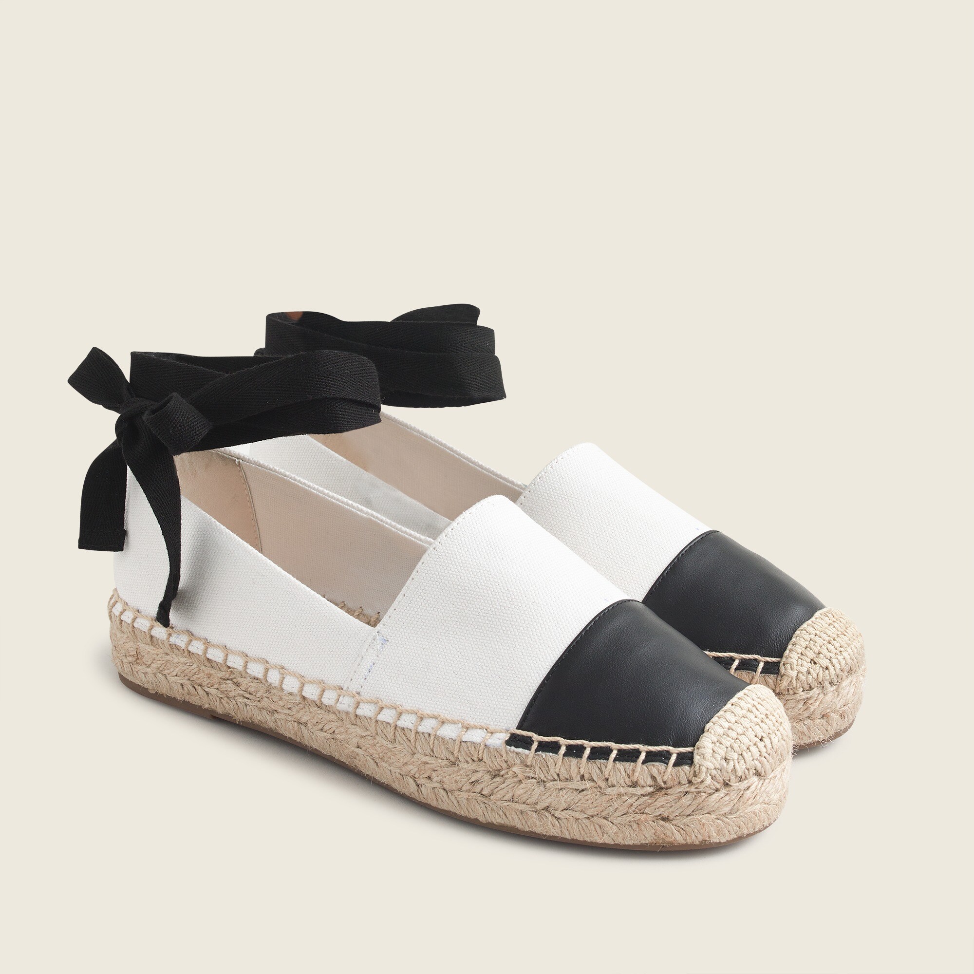 Canvas espadrille flats with leather cap toe