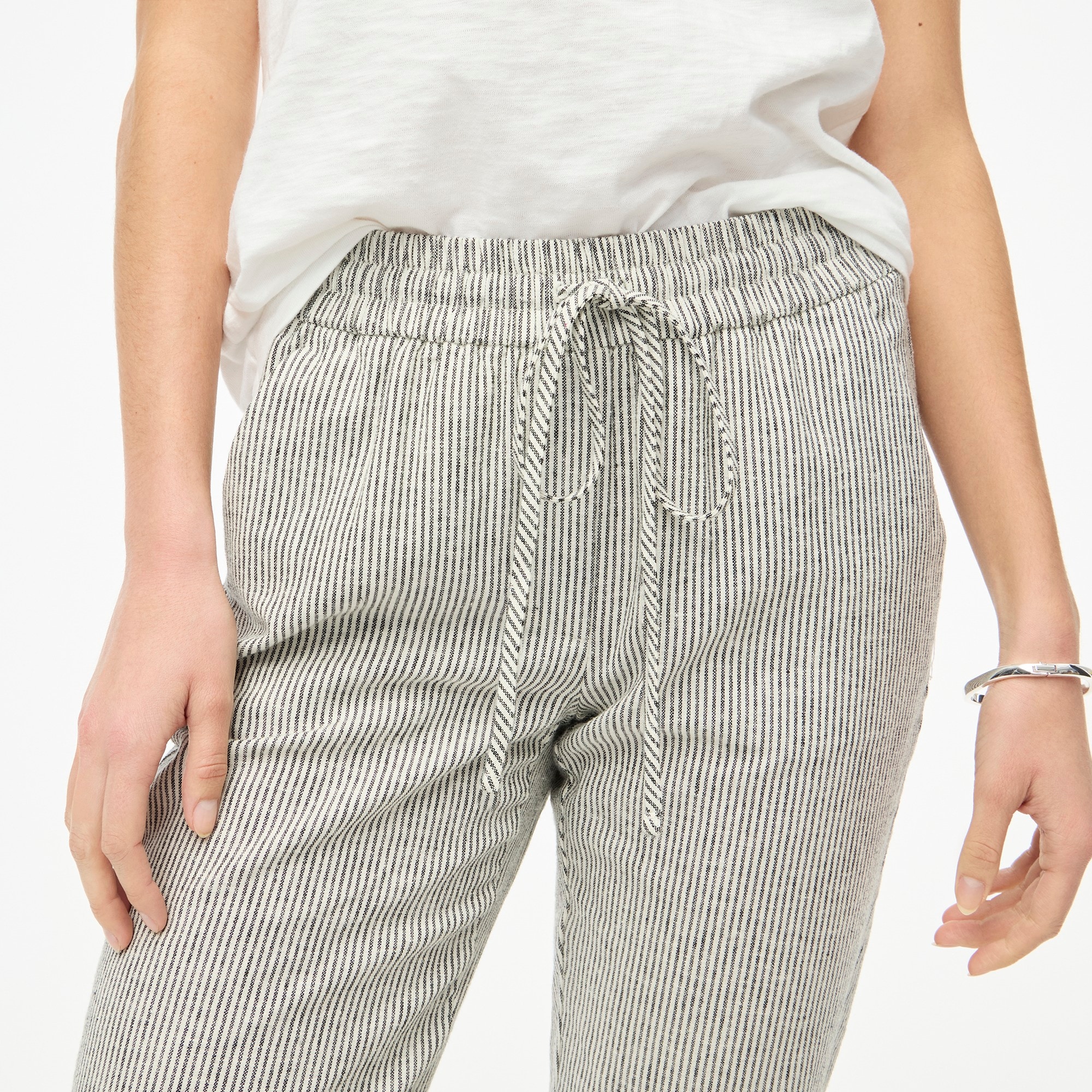 Striped linen-cotton blend drawstring pant