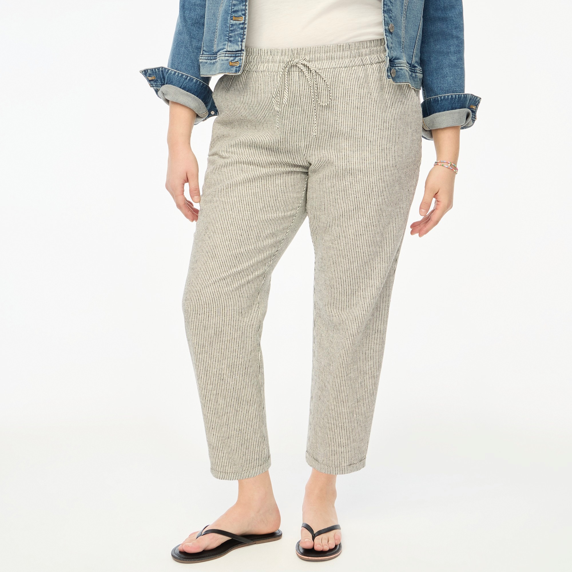 Petite striped linen-cotton blend drawstring pant