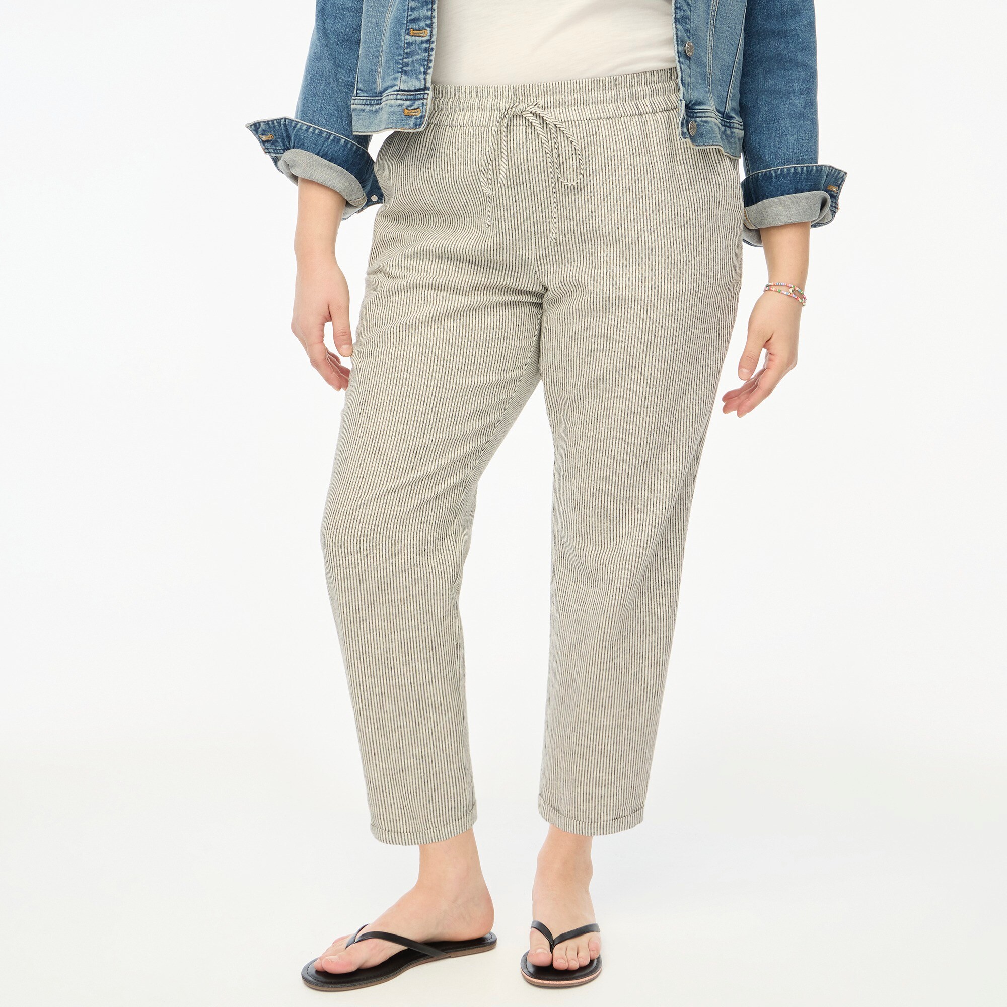 Striped linen-cotton blend drawstring pant
