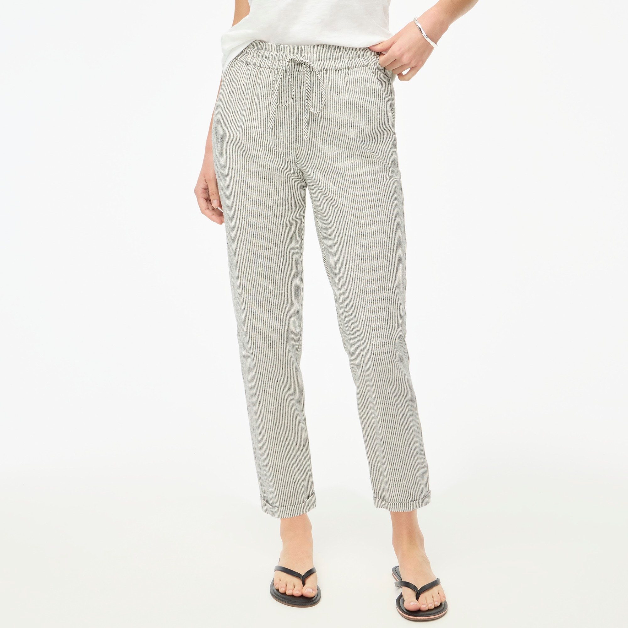 Striped linen-cotton blend drawstring pant