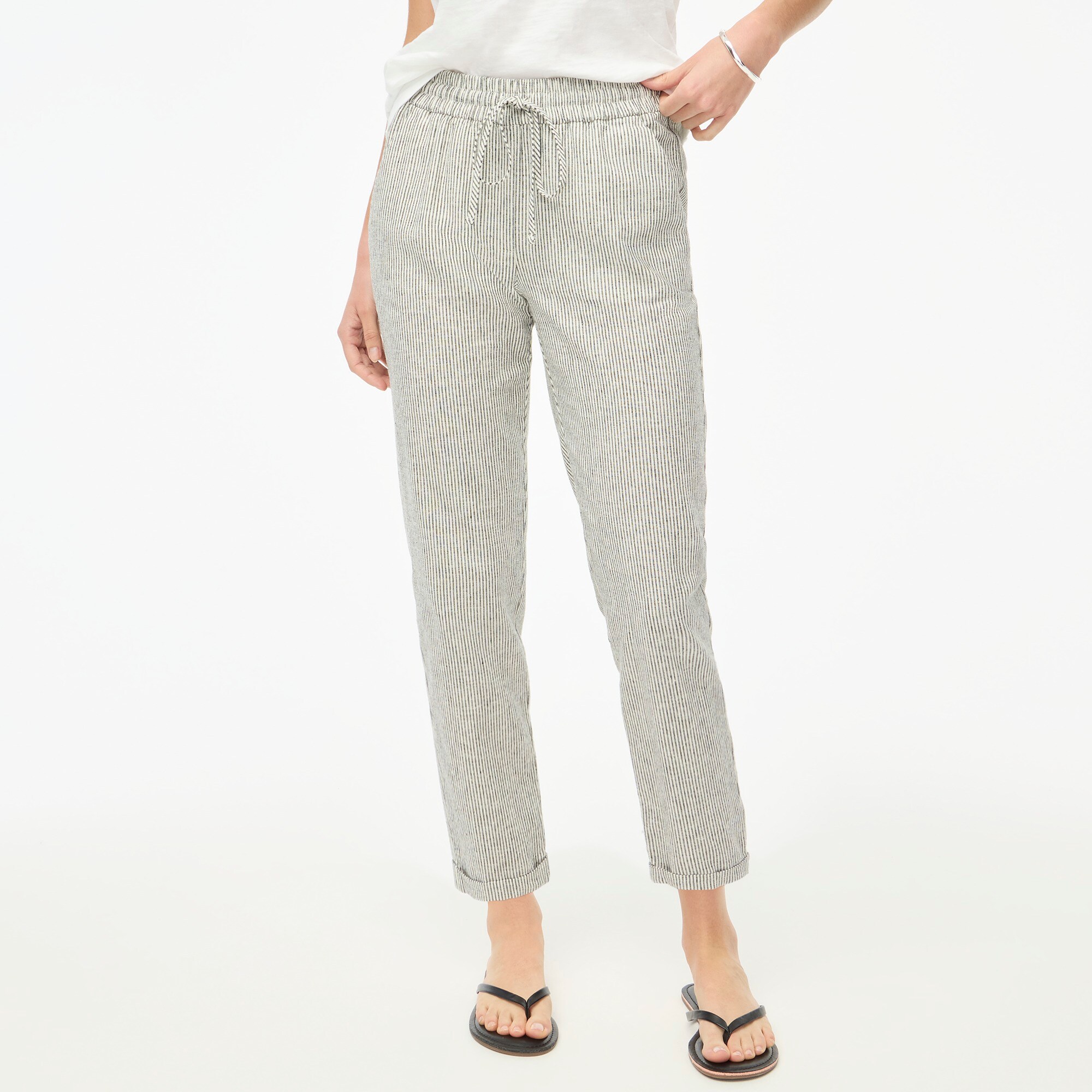 Petite striped linen-cotton blend drawstring pant
