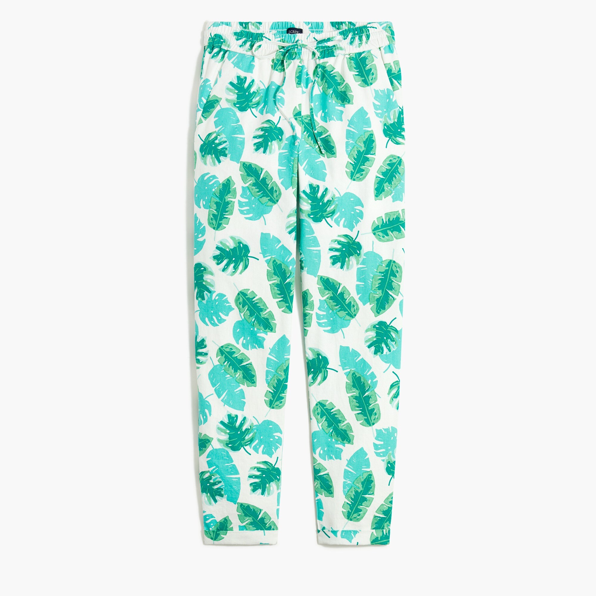 Palm-print linen-cotton drawstring pant