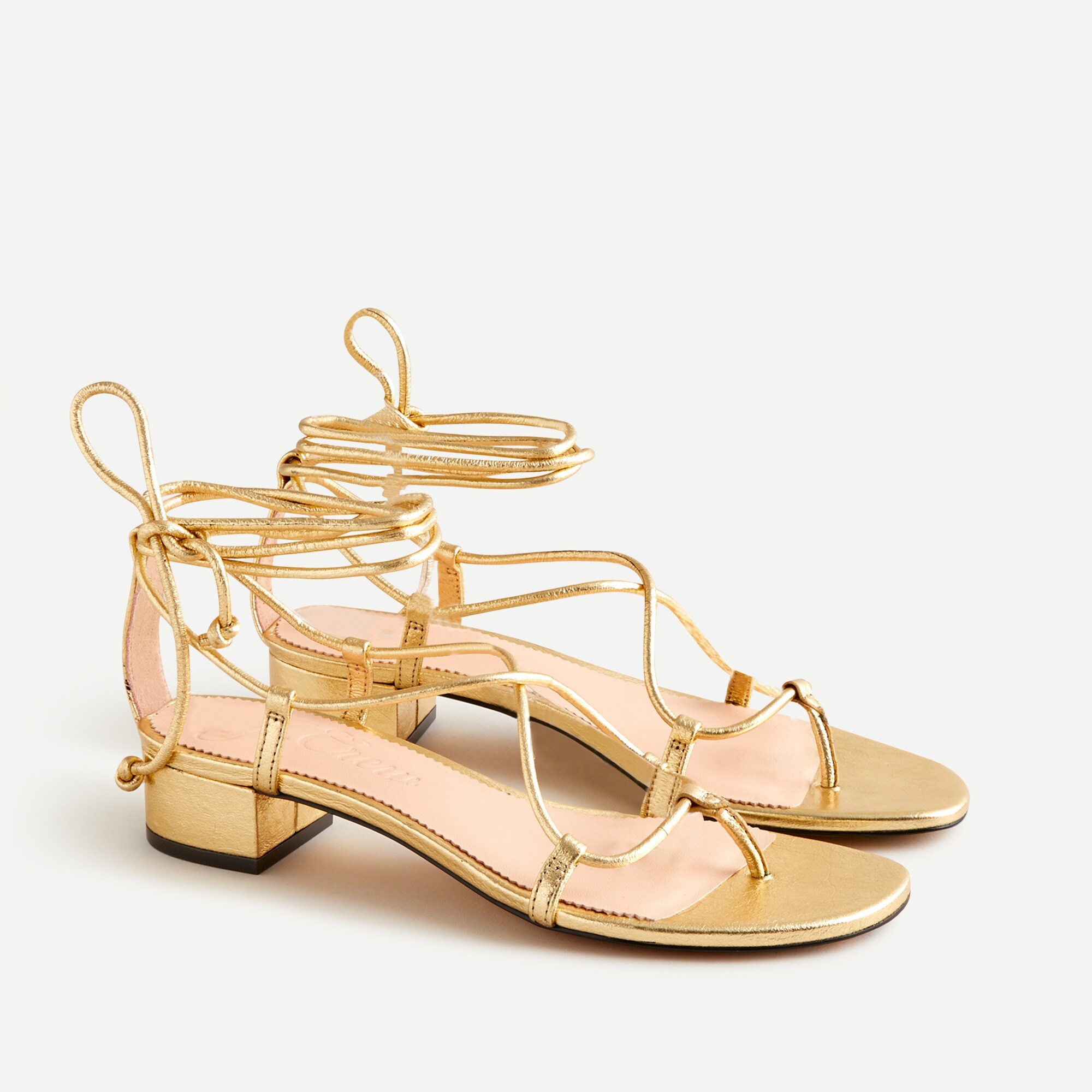 Metallic leather low-heel lace-up sandals