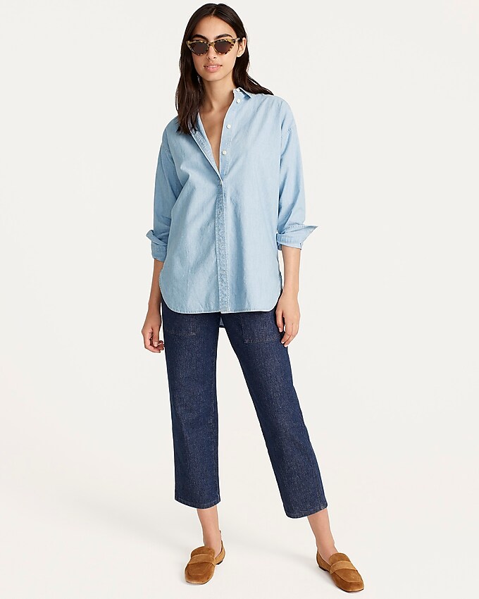 j.crew: relaxed-fit chambray shirt for women, right side, view zoomed