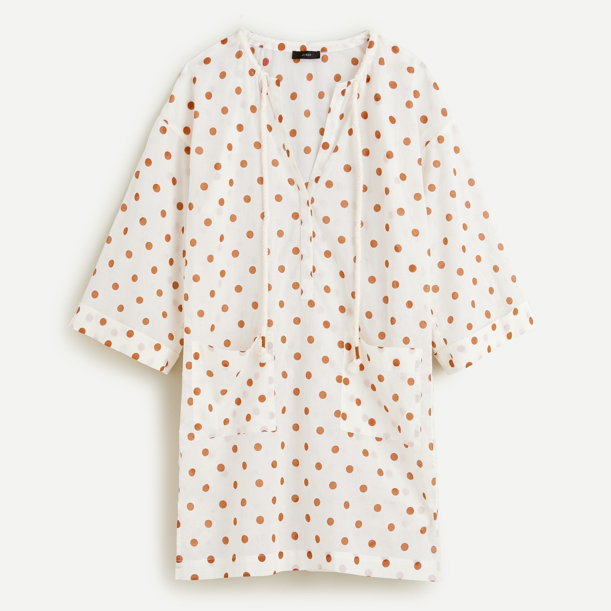 Cotton voile V-neck beach tunic in pecan dot