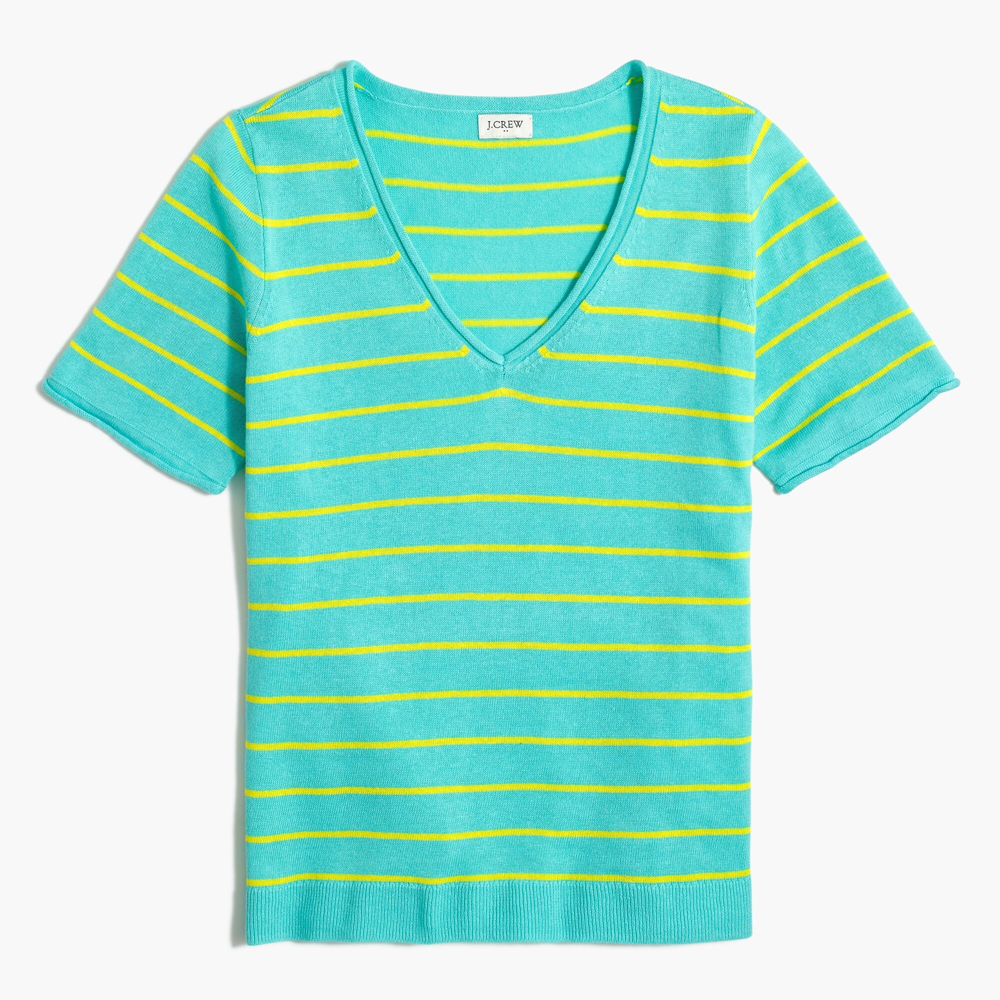 Short-sleeve striped linen-blend V-neck sweater