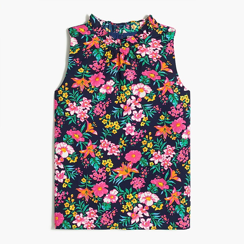 factory: printed ruffleneck top for women, right side, view zoomed